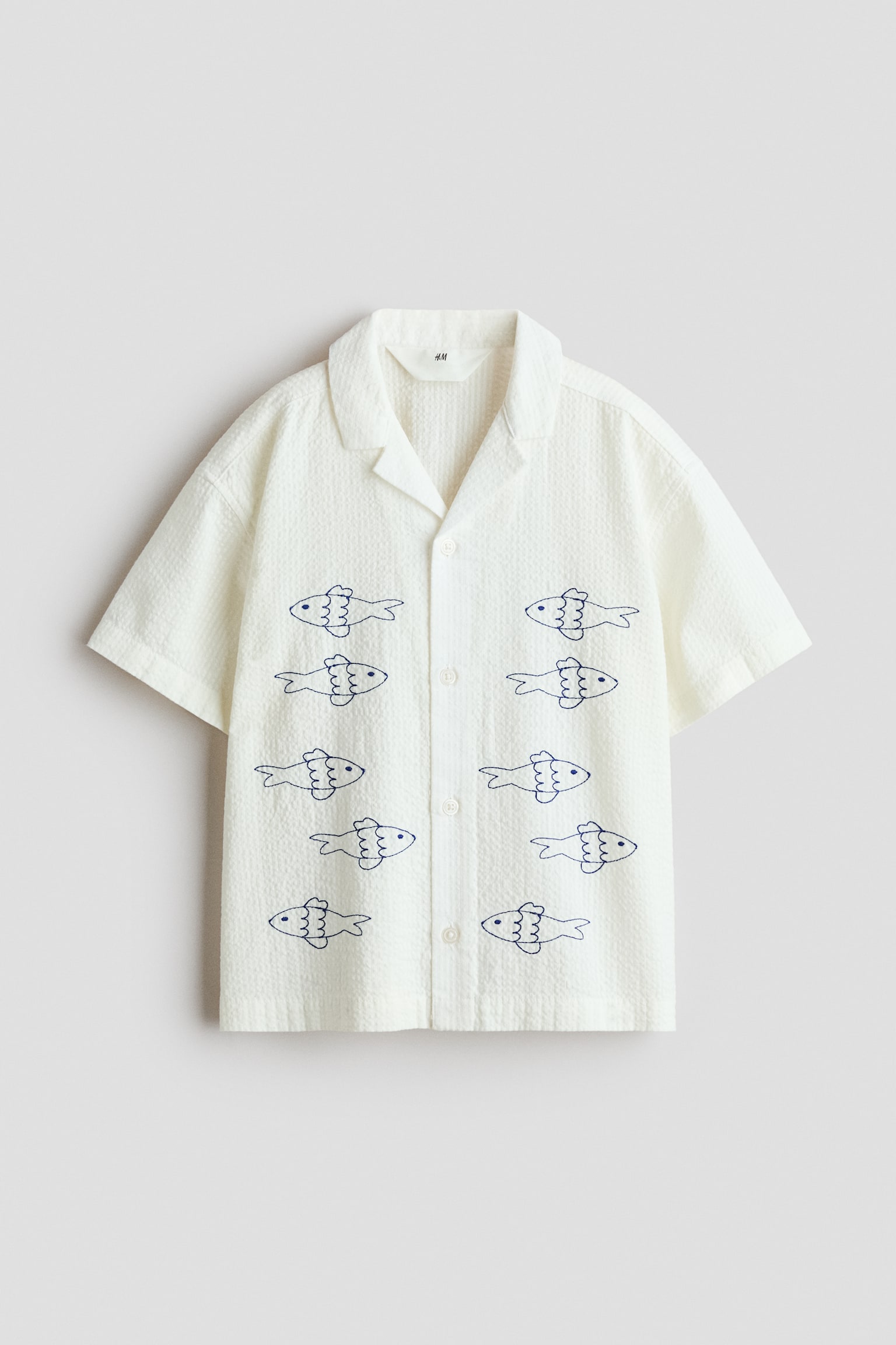 Besticktes Baumwollhemd - Weiß/Fische