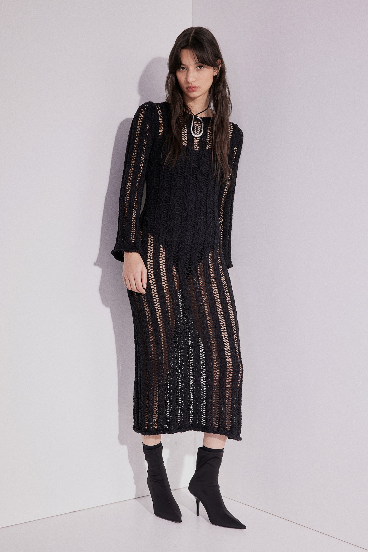 Ladder Stitch Look Knit Dress - Black/Light greige - 6