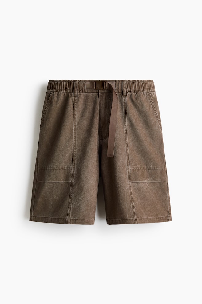 Loose-Fit Belted Cotton Utility Shorts - Brown/Dark gray - 1