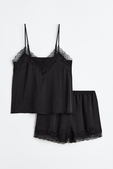 Pyjama cami top and shorts - V-neck - Sleeveless - Black - Ladies | H&M GB