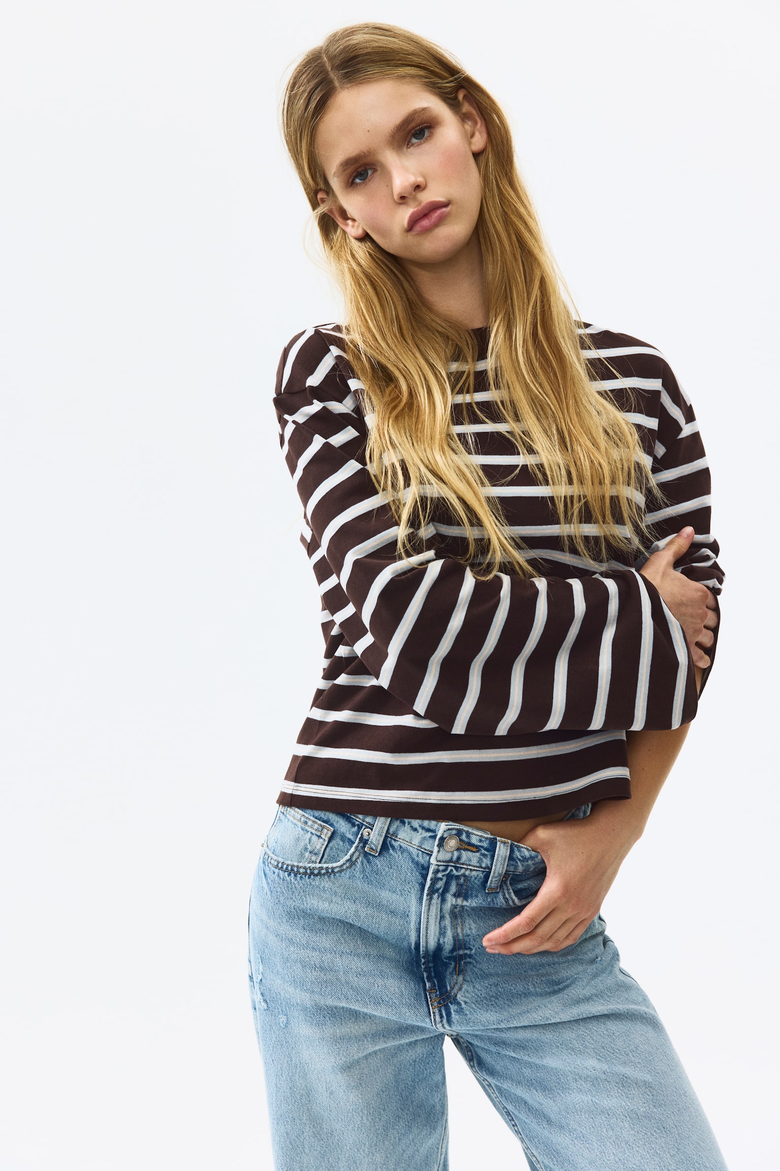 Long-sleeved cotton top - Dark brown/Striped/Grey marl/Striped/Pink/Striped/Dark blue/Striped - 1