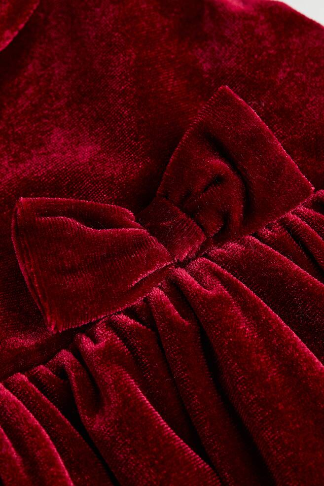 Puff-sleeved velour dress - Dark red/Natural white/Checked - 2