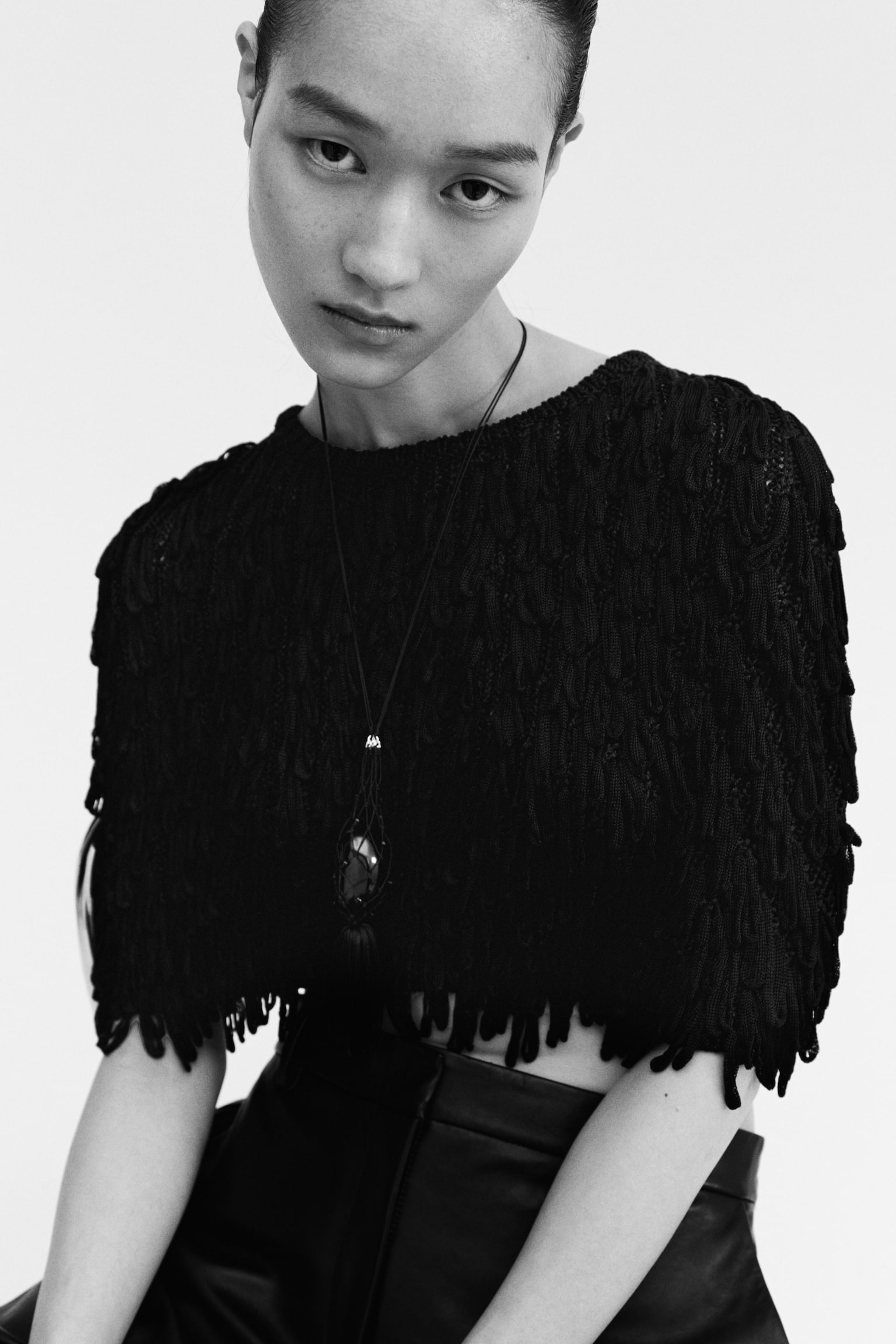 Fringed rib-knit cape - Black - 4