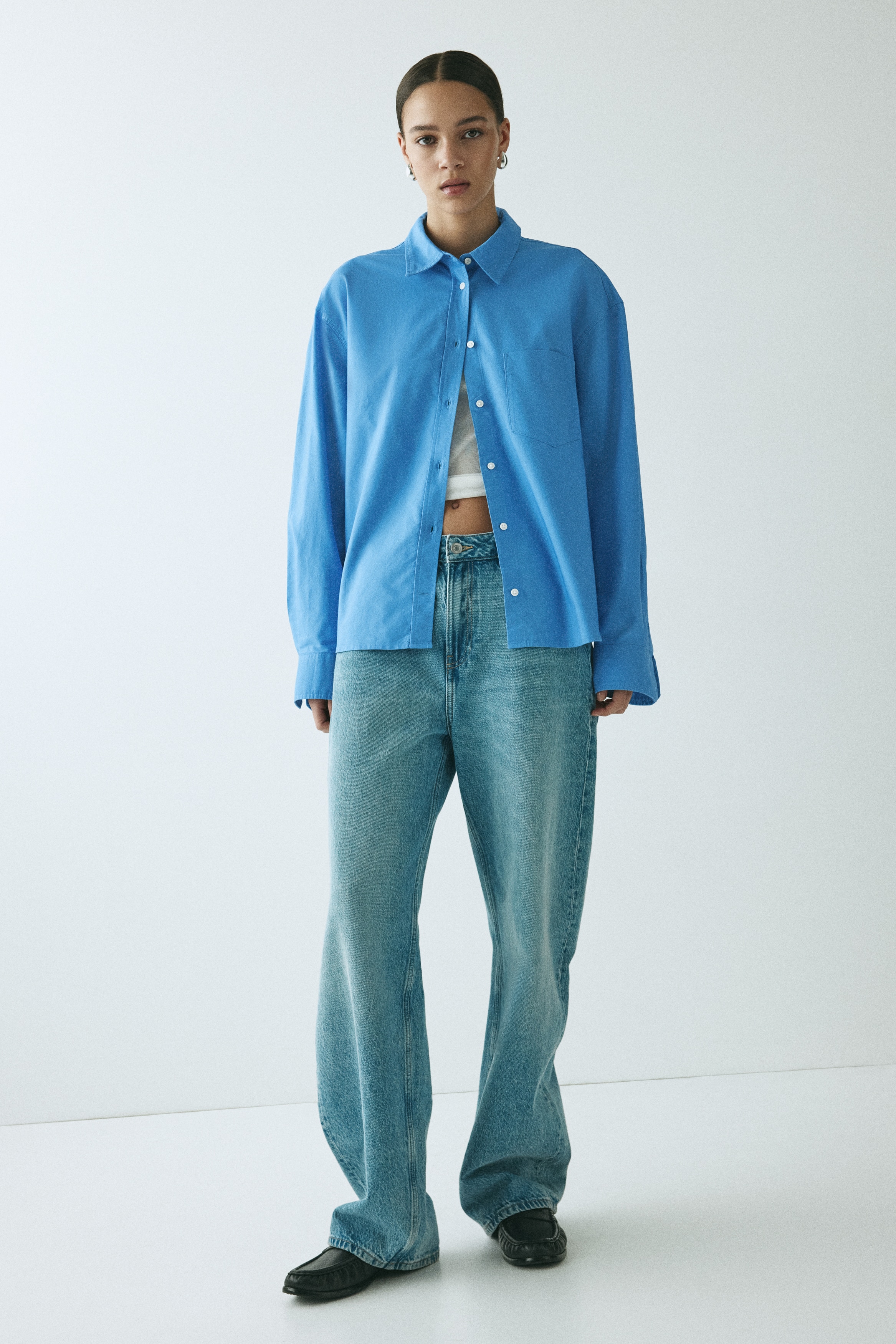 オーバーサイズ ポプリンシャツ - ブルー - レディース | H&M JP