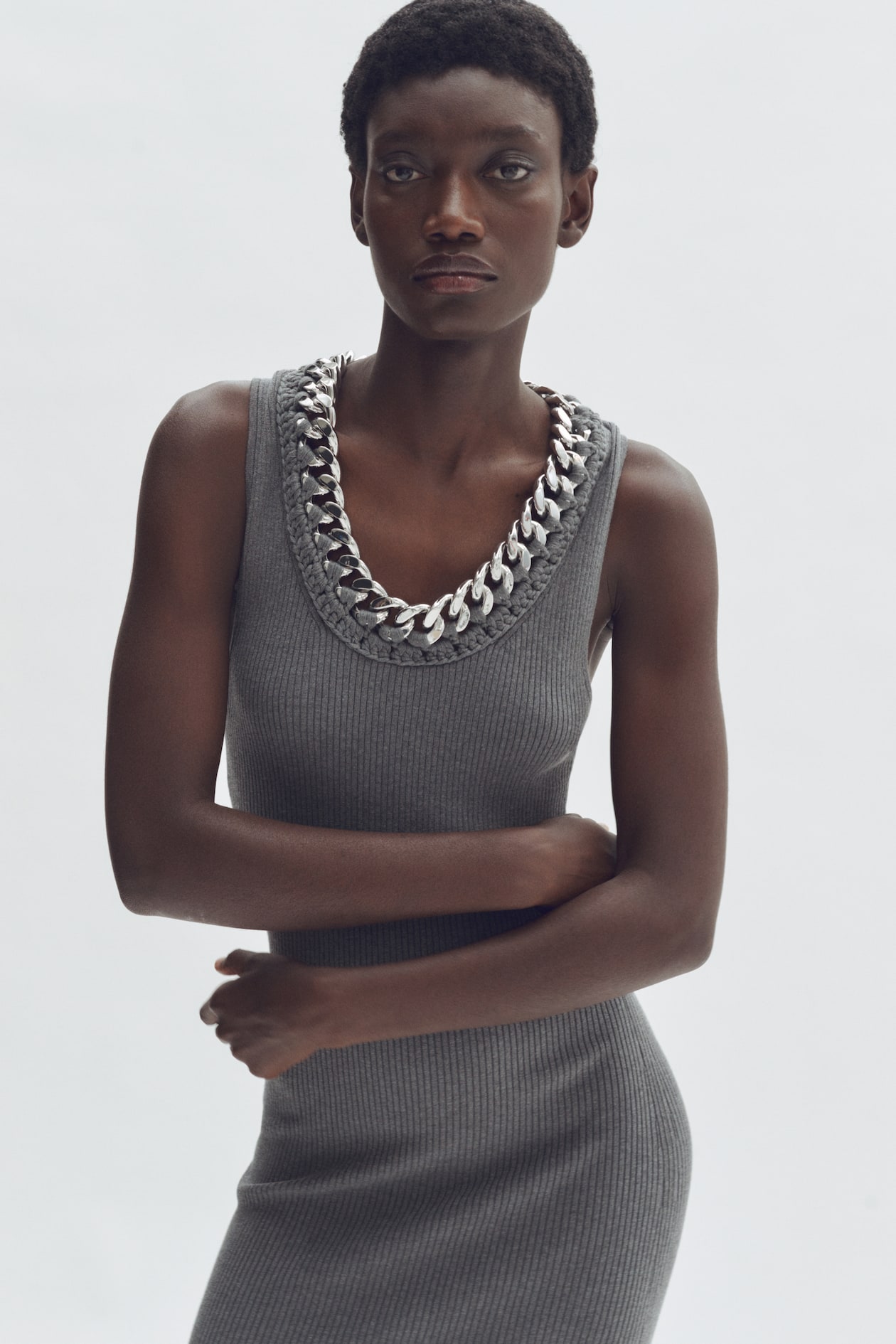 Women's Dark gray melange Chain-Detail Ribbed Dress | H&M US Women's Dark gray melange Chain-Detail Ribbed Dress | H&M US