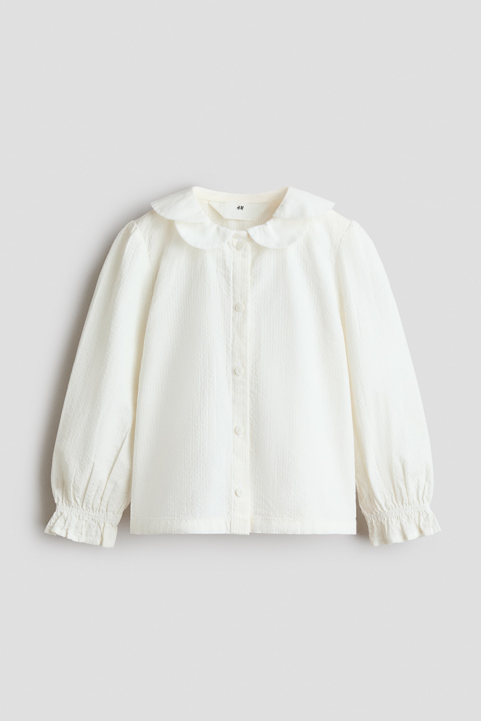 Puff-Sleeved Seersucker Blouse - White/Light blue/striped