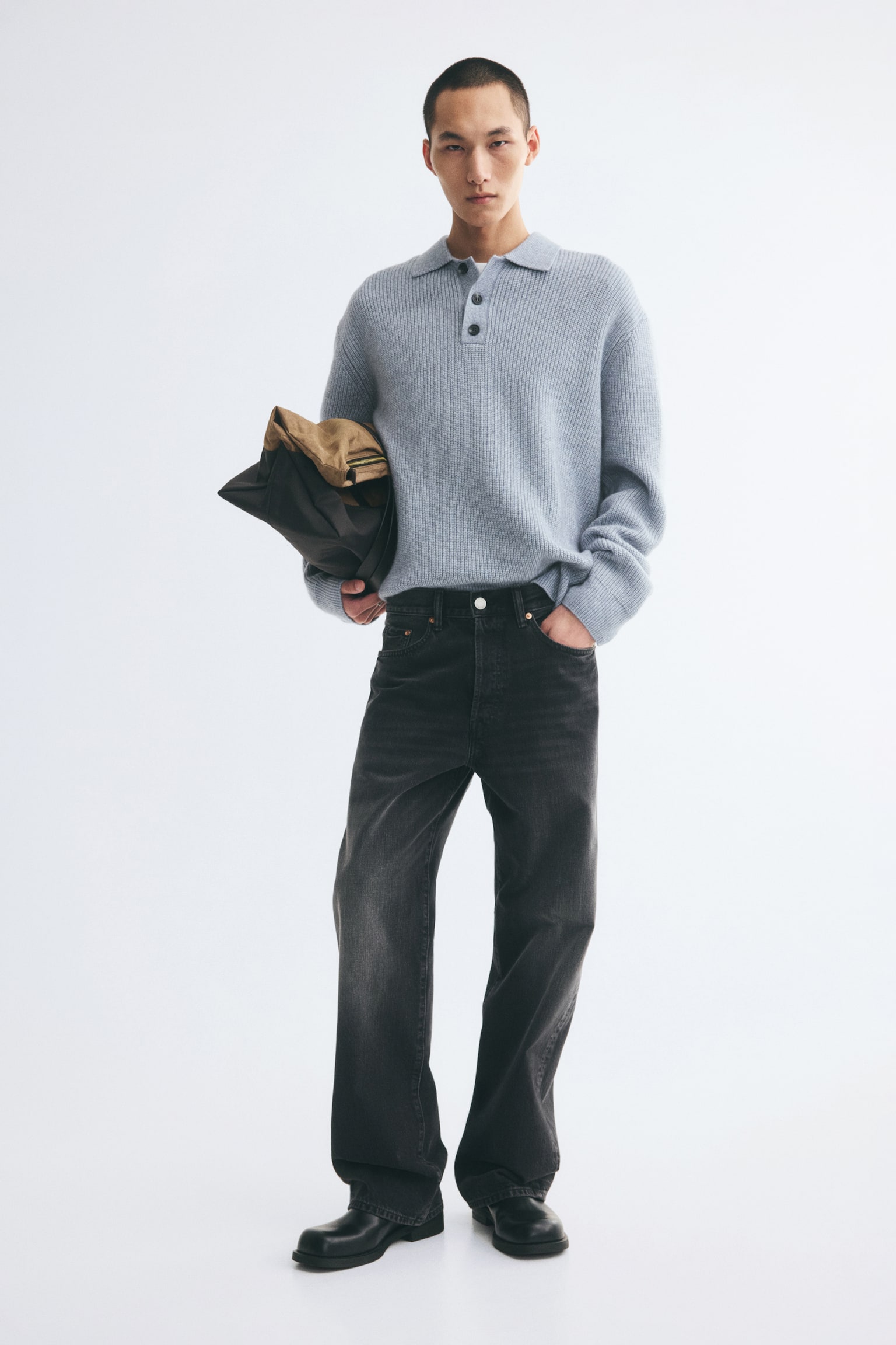 Мужское поло H&M Relaxed-Fit Knit Polo Shirt, цвет: Светлый серый — фото 3