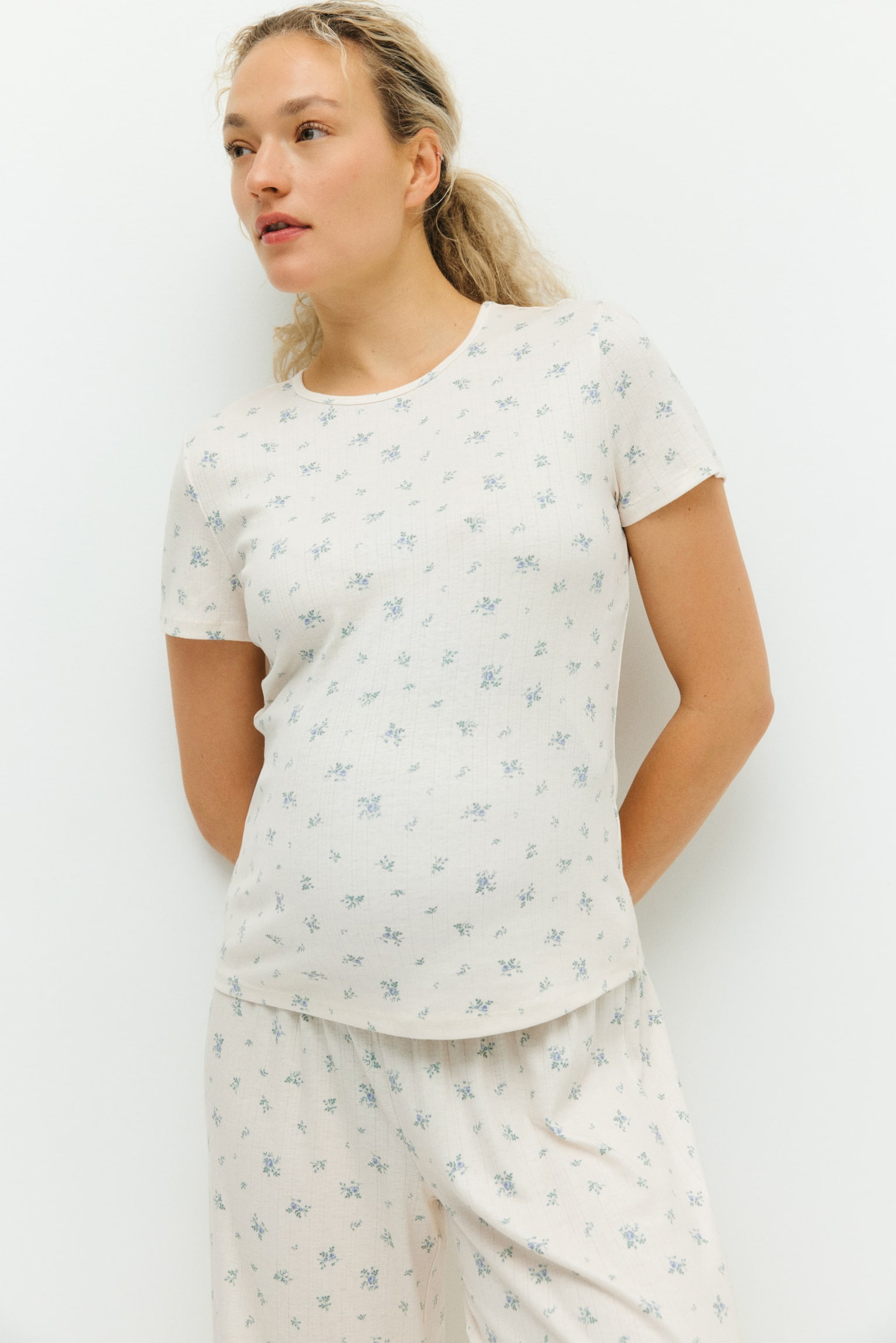 MAMA Pijama en punto pointelle - Blanco/Floreado/Gris jaspeado claro - 5