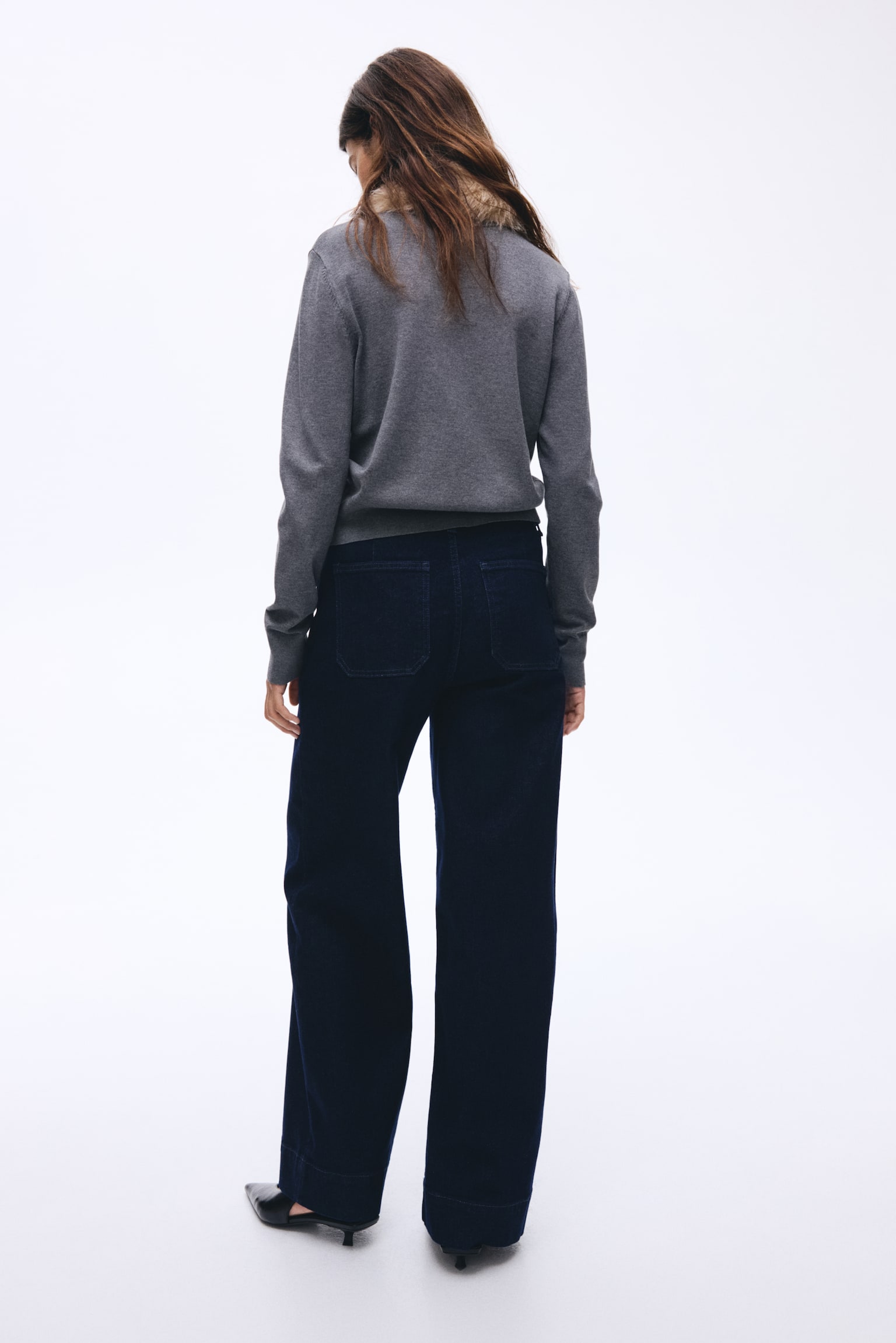 Wide High Jeans - Σκούρο μπλε denim/Λευκό - 5