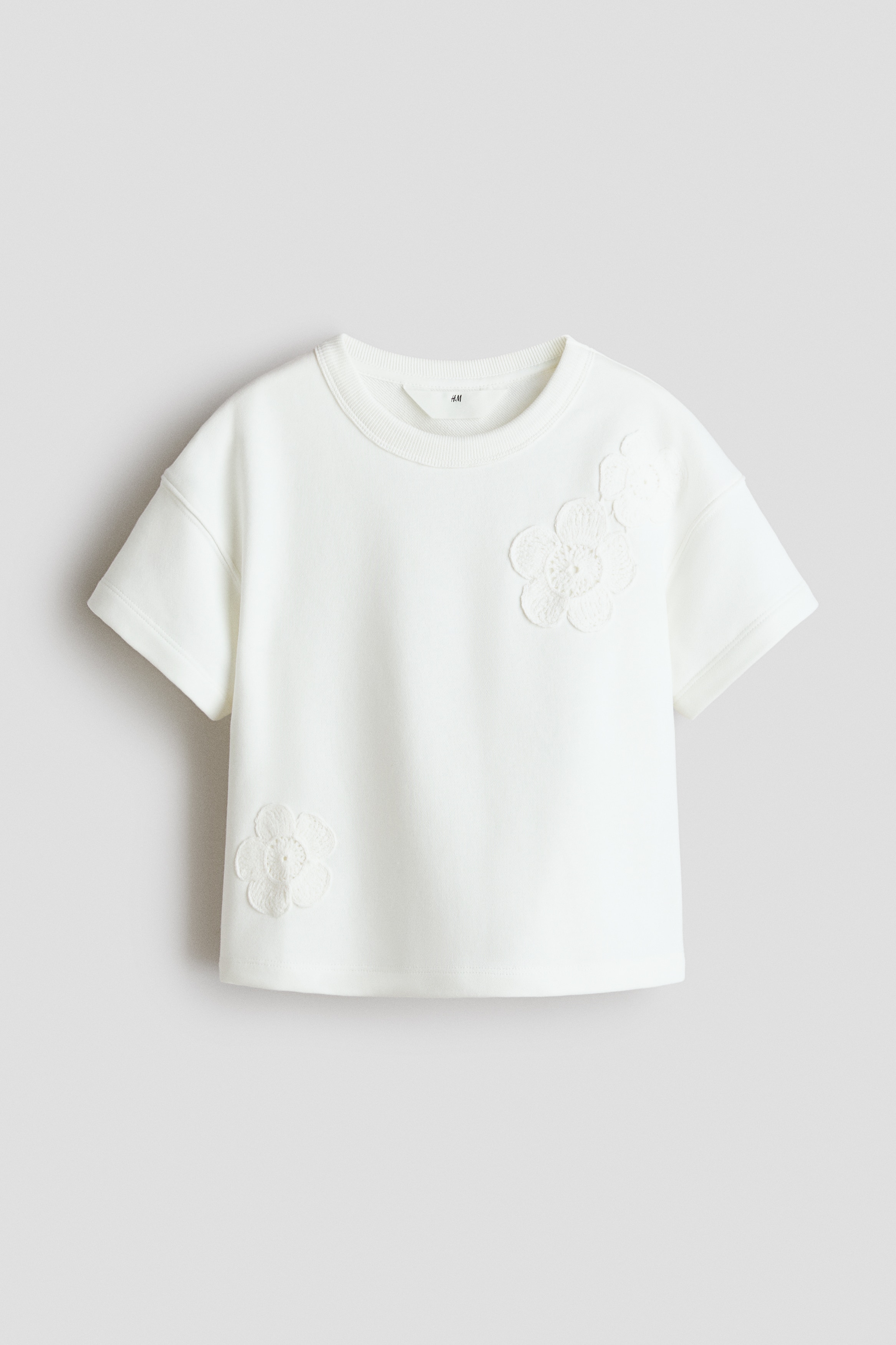 Motif-detail T-shirt - Cream/Flowers/Light grey marl/Beads