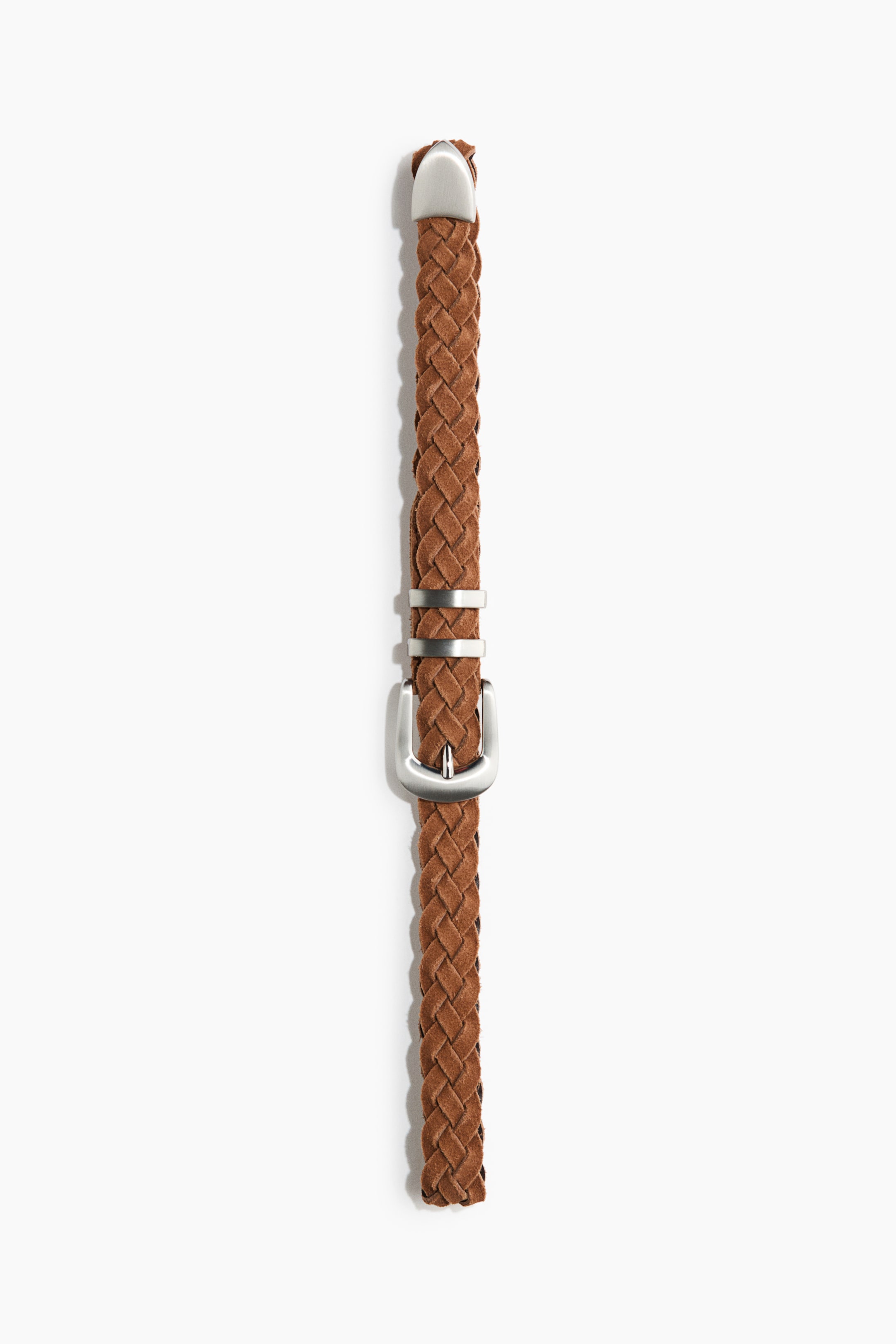 View larger image: A brown braided belt features a silver-toned buckle, two silver-toned keepers, and a silver-toned metal tip.