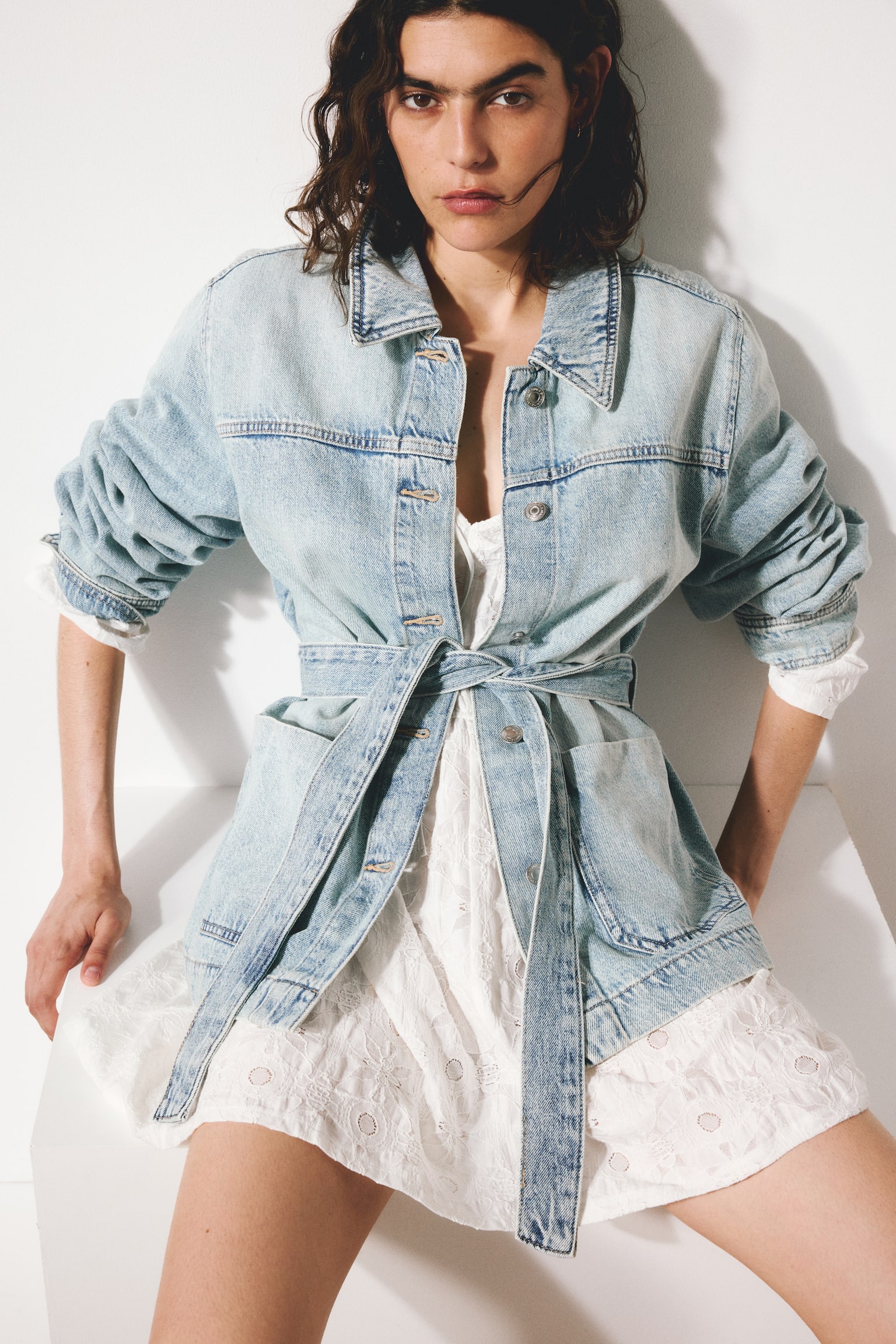Tie-belt denim jacket - Light denim blue/Denim blue - 1