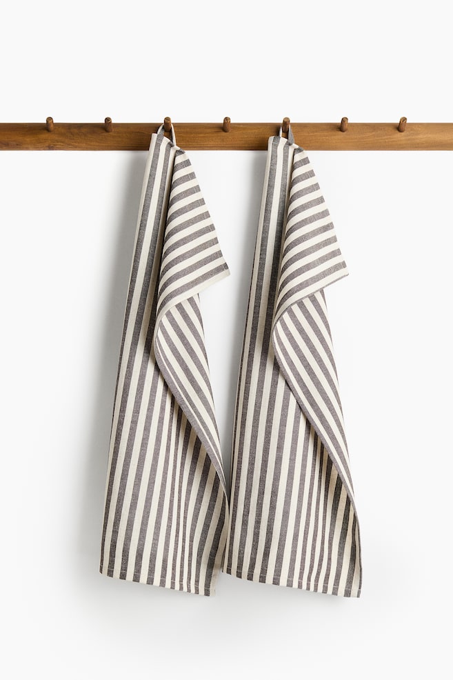 2-pack linen-blend tea towels - Dark brown/Striped/Olive green/Beige striped/Brown/Gingham check/Yellow/Gingham check/Light pink/Striped/Terracotta/Striped/Beige/Gingham check/Beige/White striped - 1