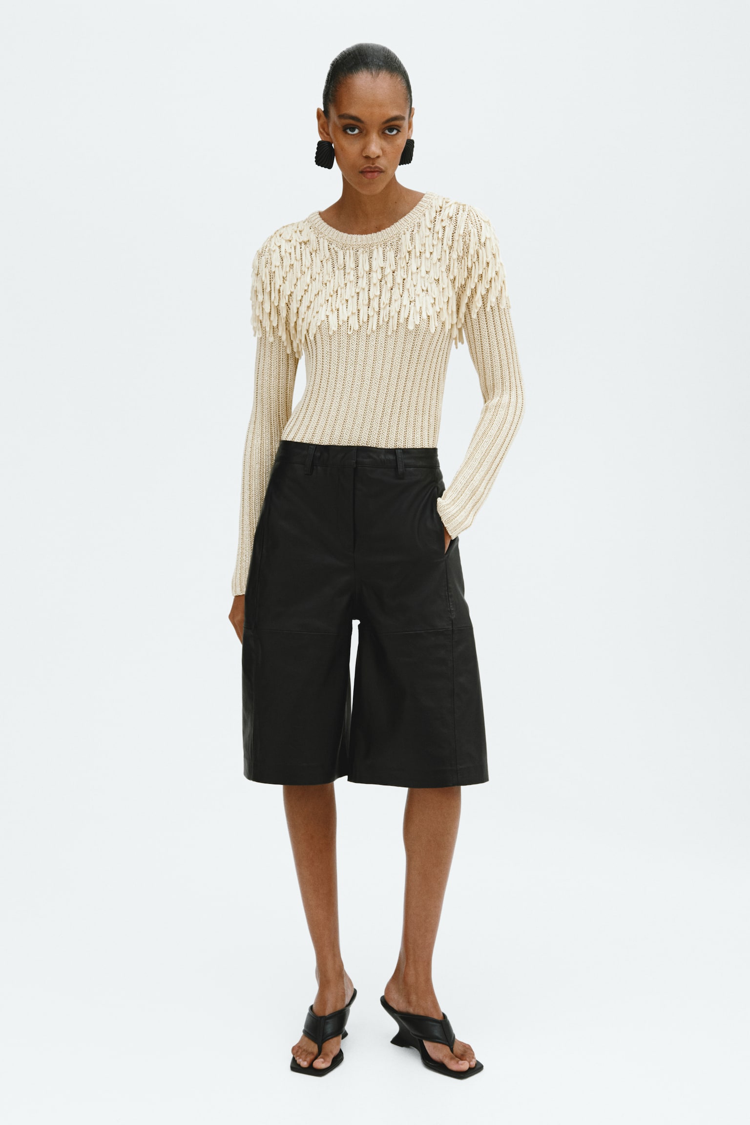 Fringe-detail rib-knit top - Light beige - 1