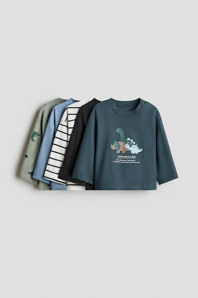 5-Pack Long-Sleeved T-Shirts - Dark green/dinosaurs - 1