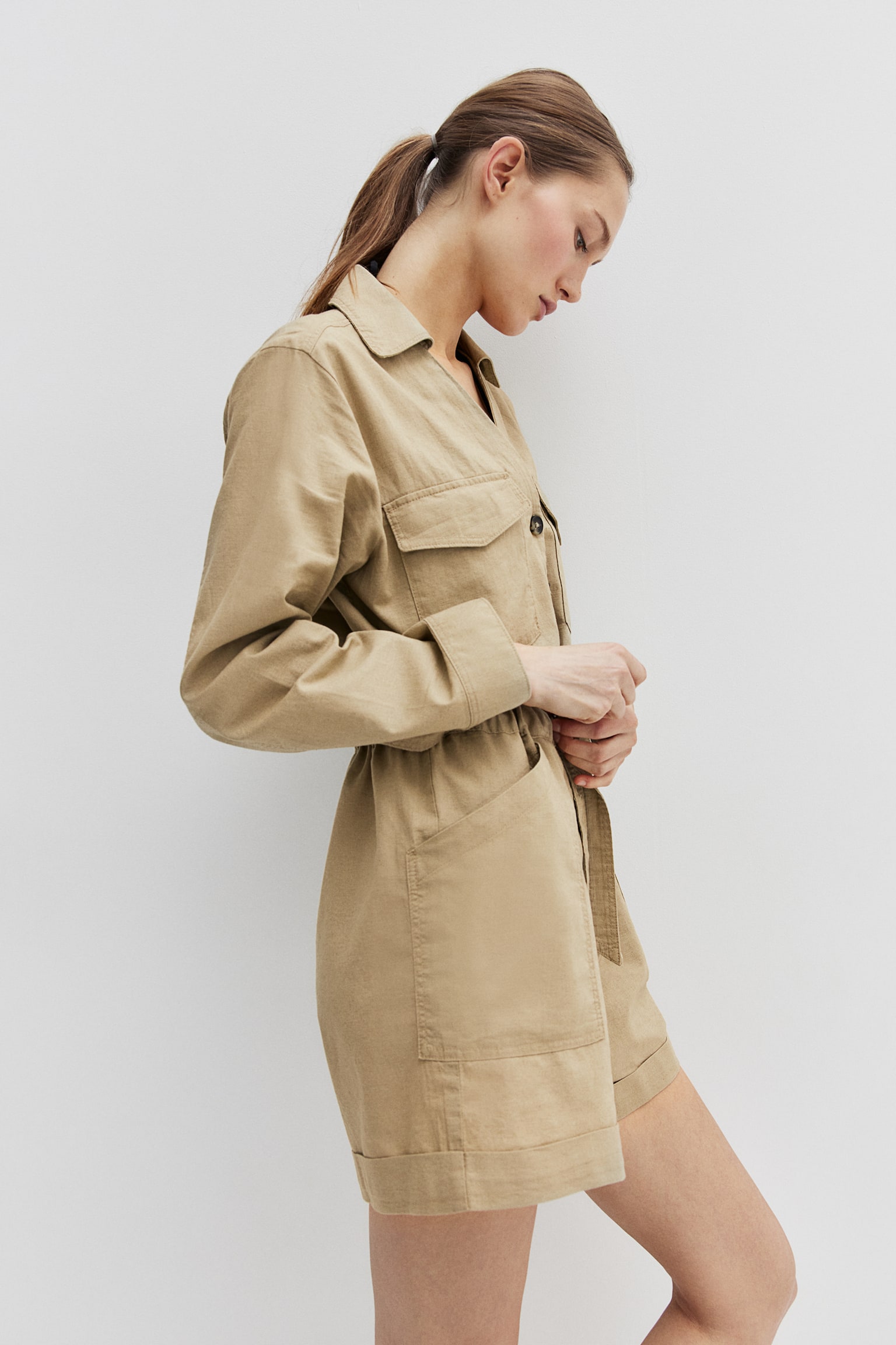 Linen Blend Cargo Playsuit - Beige - 7