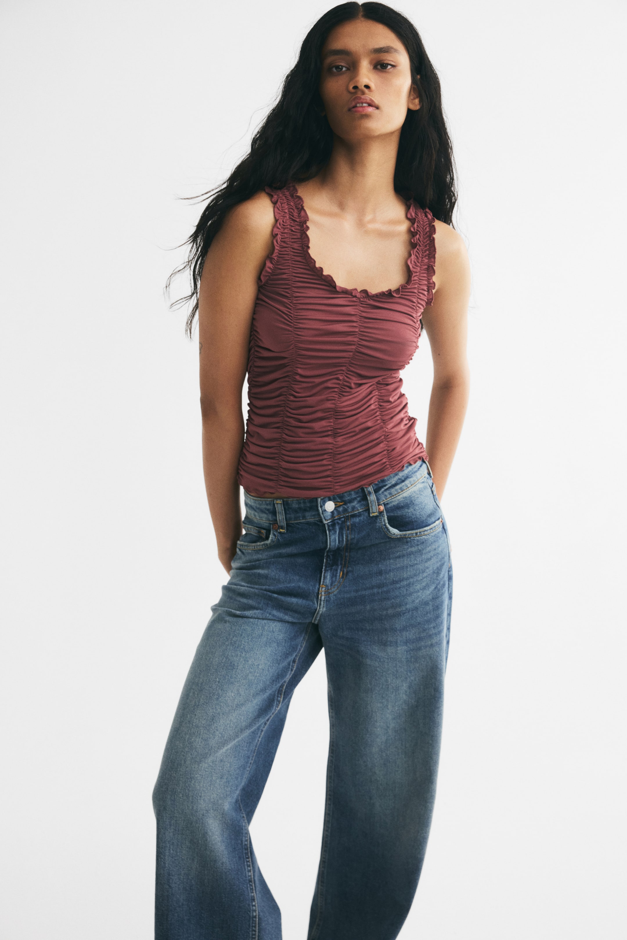 View larger image: Ruched crêpe top - Rust red - Ladies | H&M SG 1