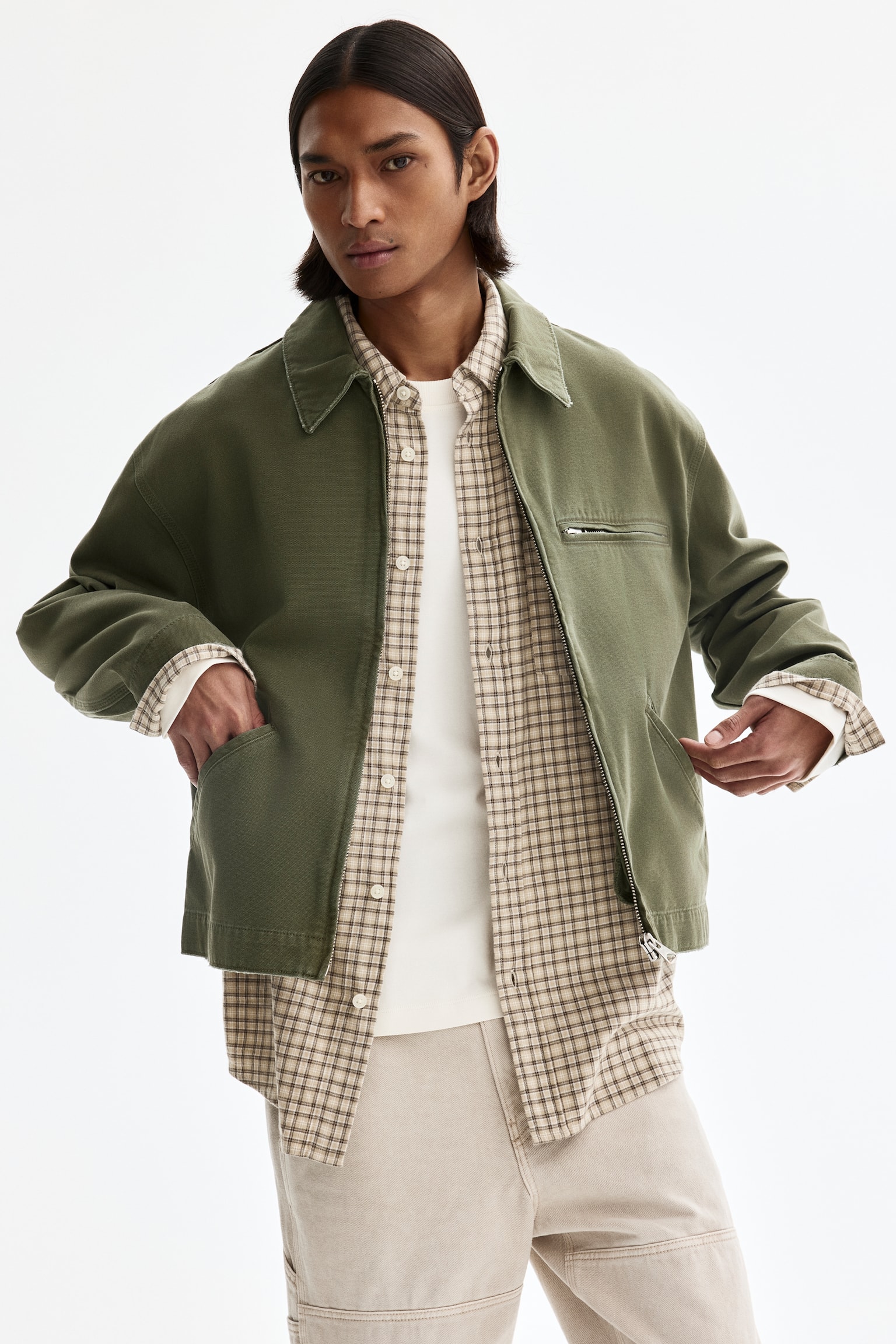 Collared jacket - Khaki green/Dark beige - 5