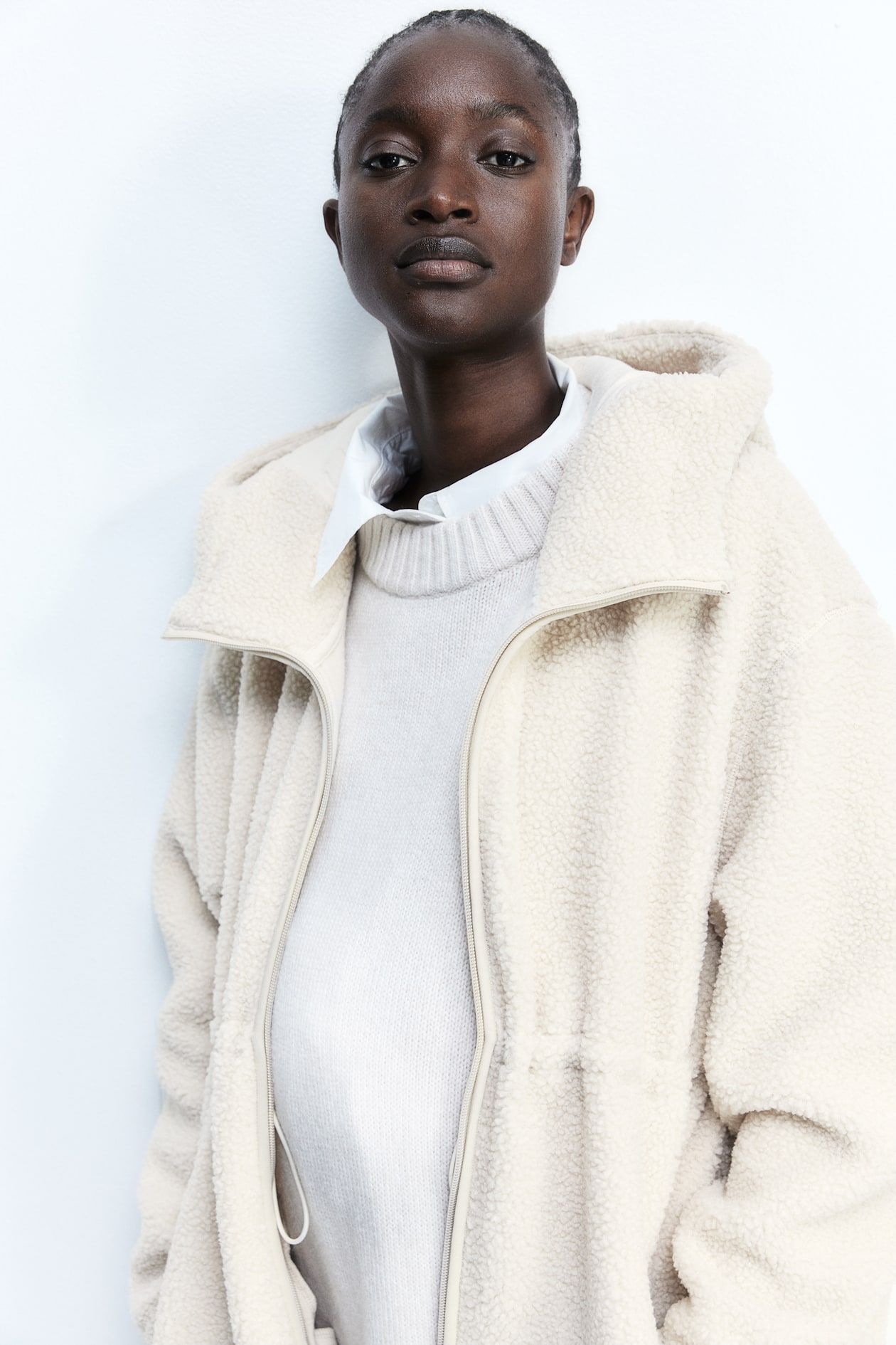 Beige Cropped Teddy Jacket With Hood Outerwear Womens Cream Teddy