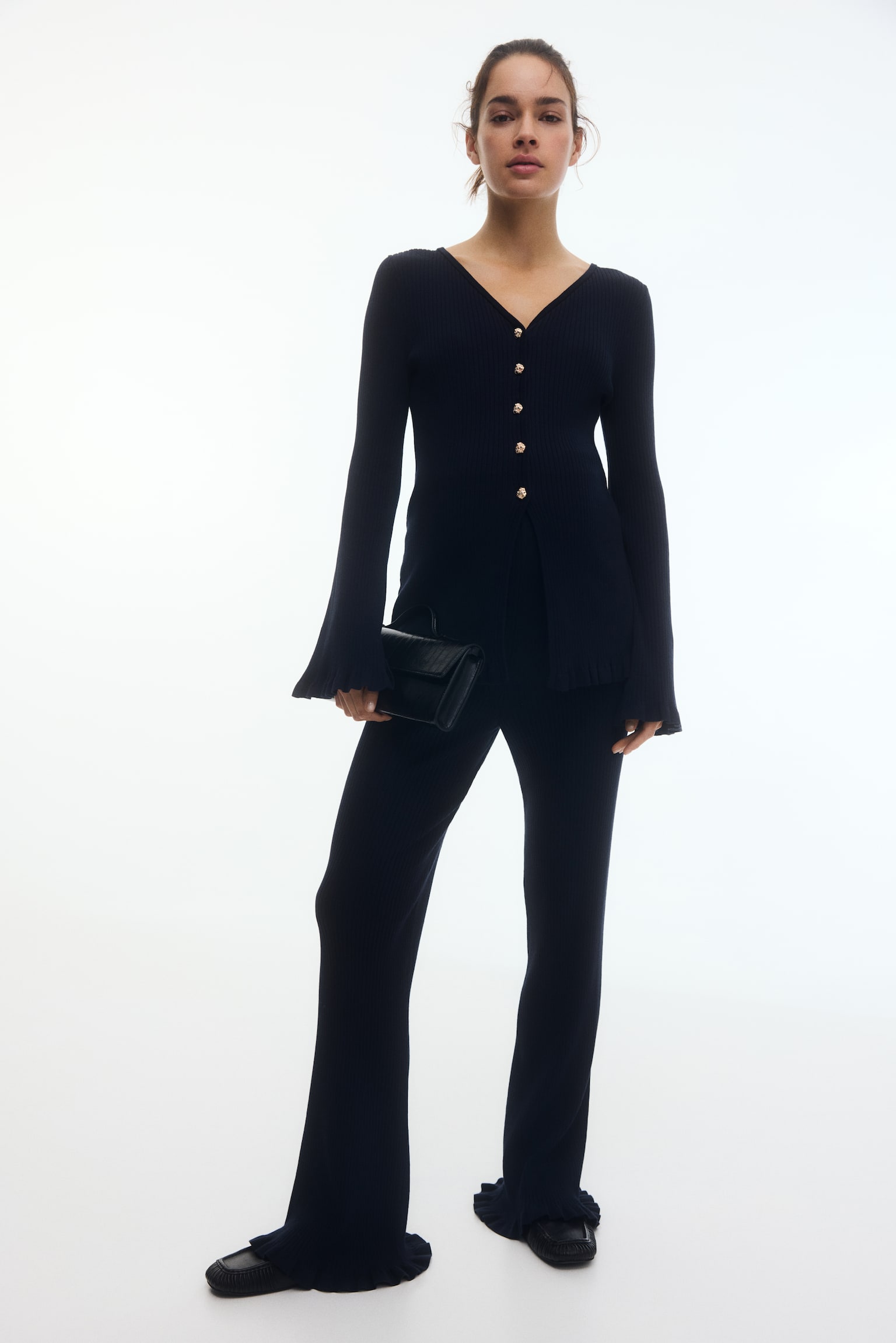 MAMA מכנסי ריב מתרחבים - כחול נייבי - 3