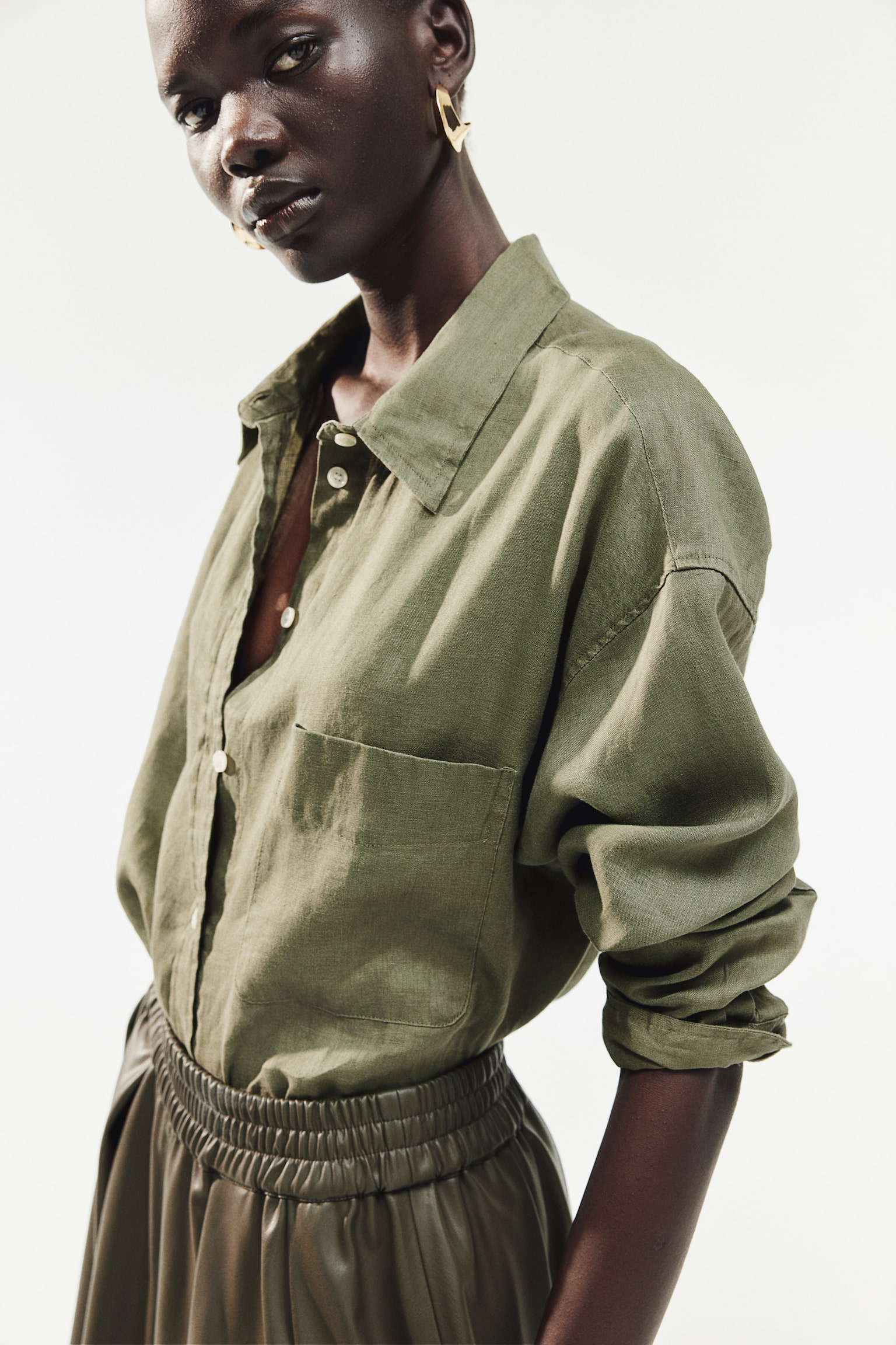 Oversized linen shirt - Dark khaki green/Black/White/Light pink - 7