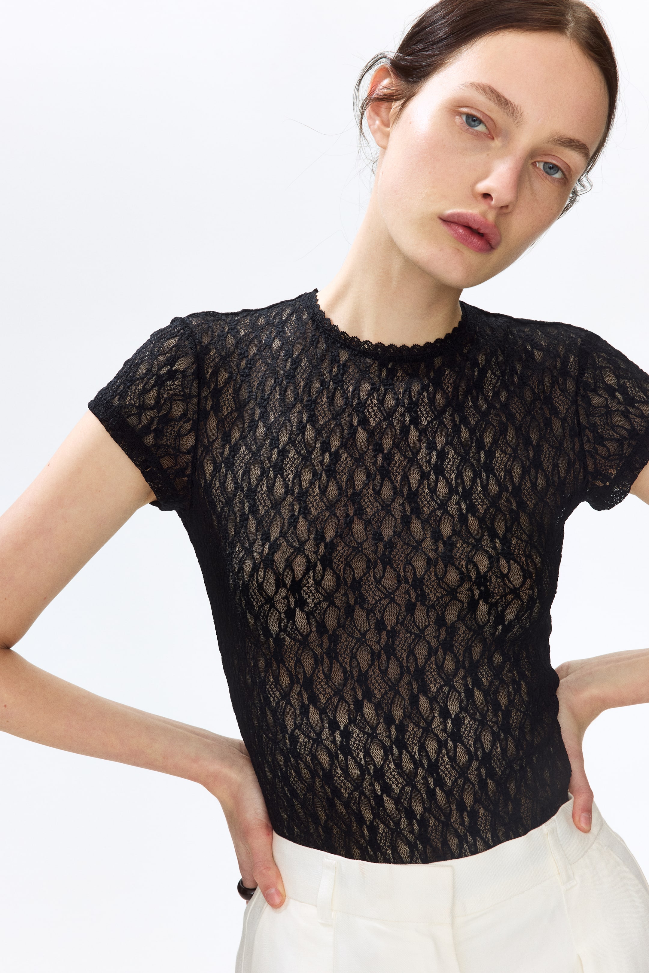 Lace-Look Jersey Thong Bodysuit
