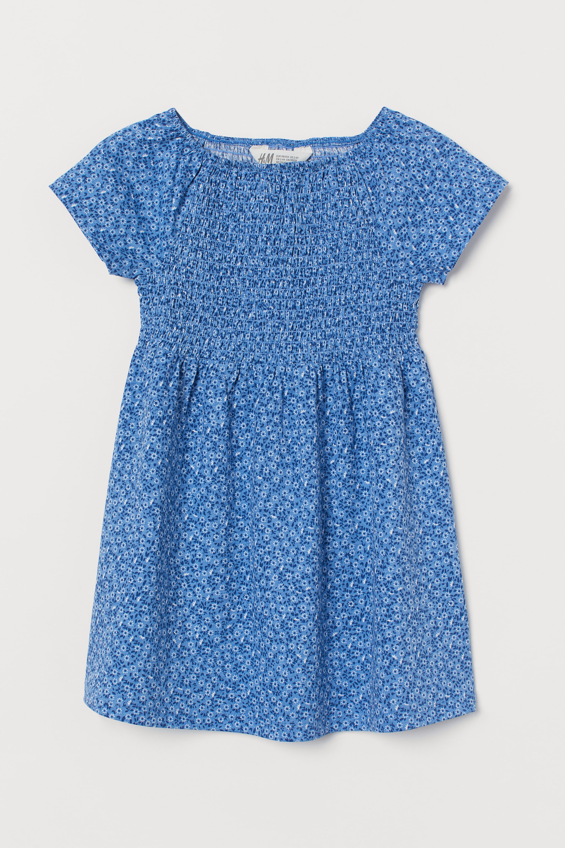 Smocked dress - Square neckline - Short sleeve - Blue/Floral - Kids | H ...