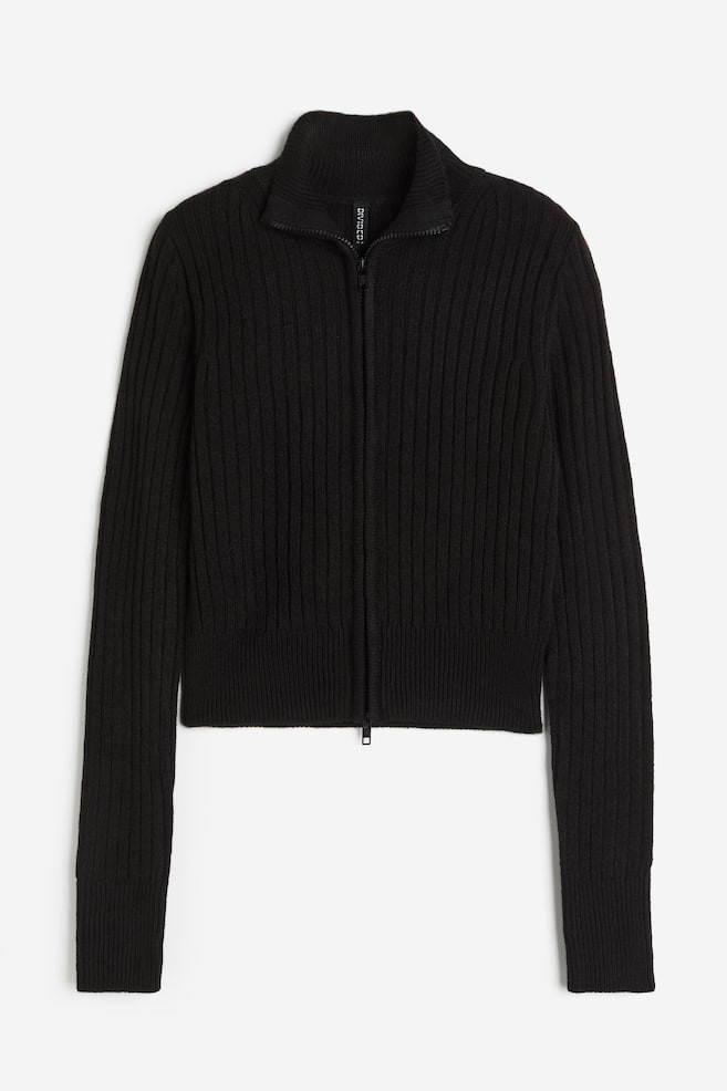 Rib-knit zip-through cardigan - Black/Light grey - 2