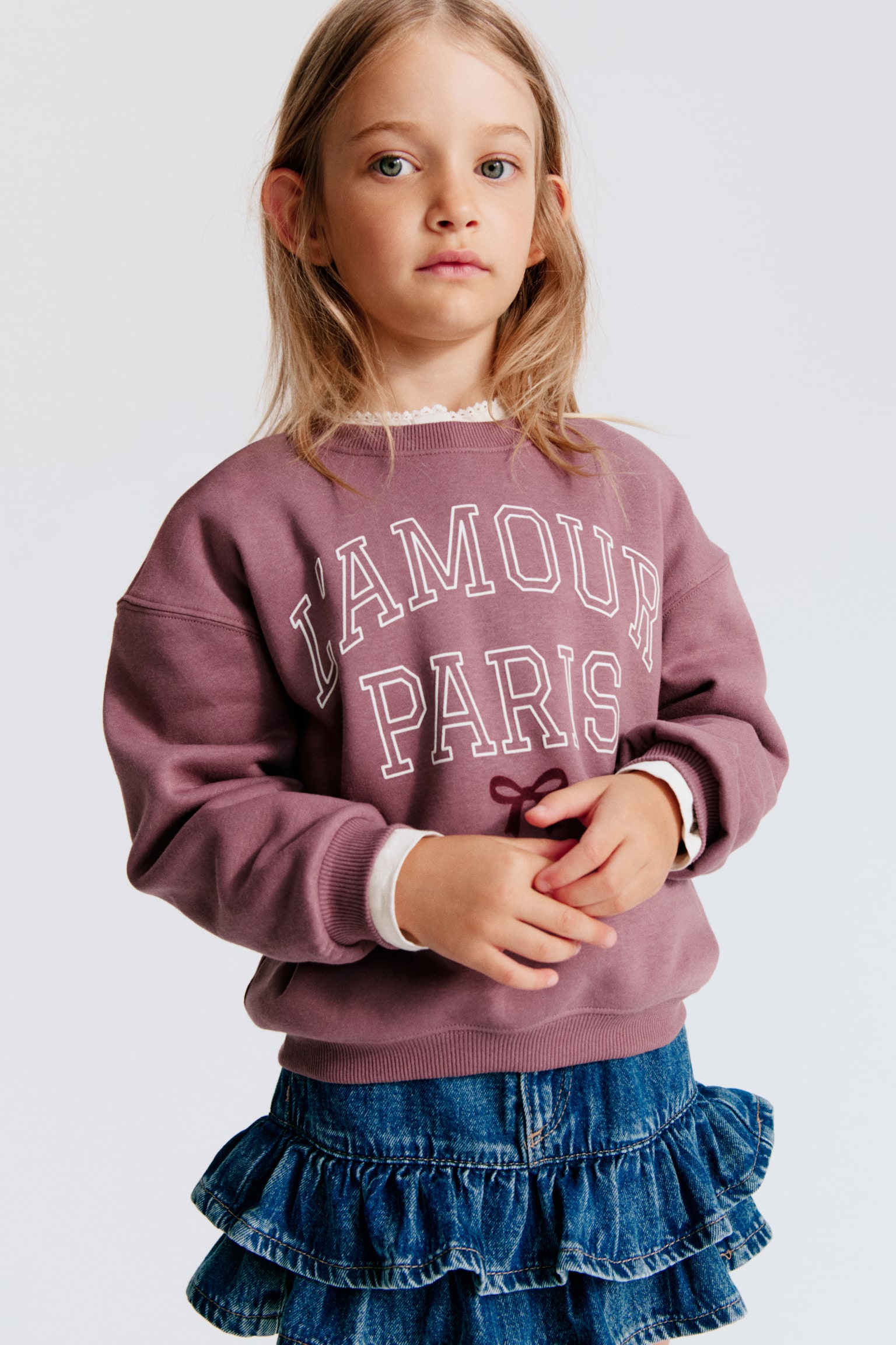 Brushed-Inside Sweatshirt with Printed Motif - Dusty purple/L'Amour Paris/Pink/Bonjour/Pale purple/unicorns - 1
