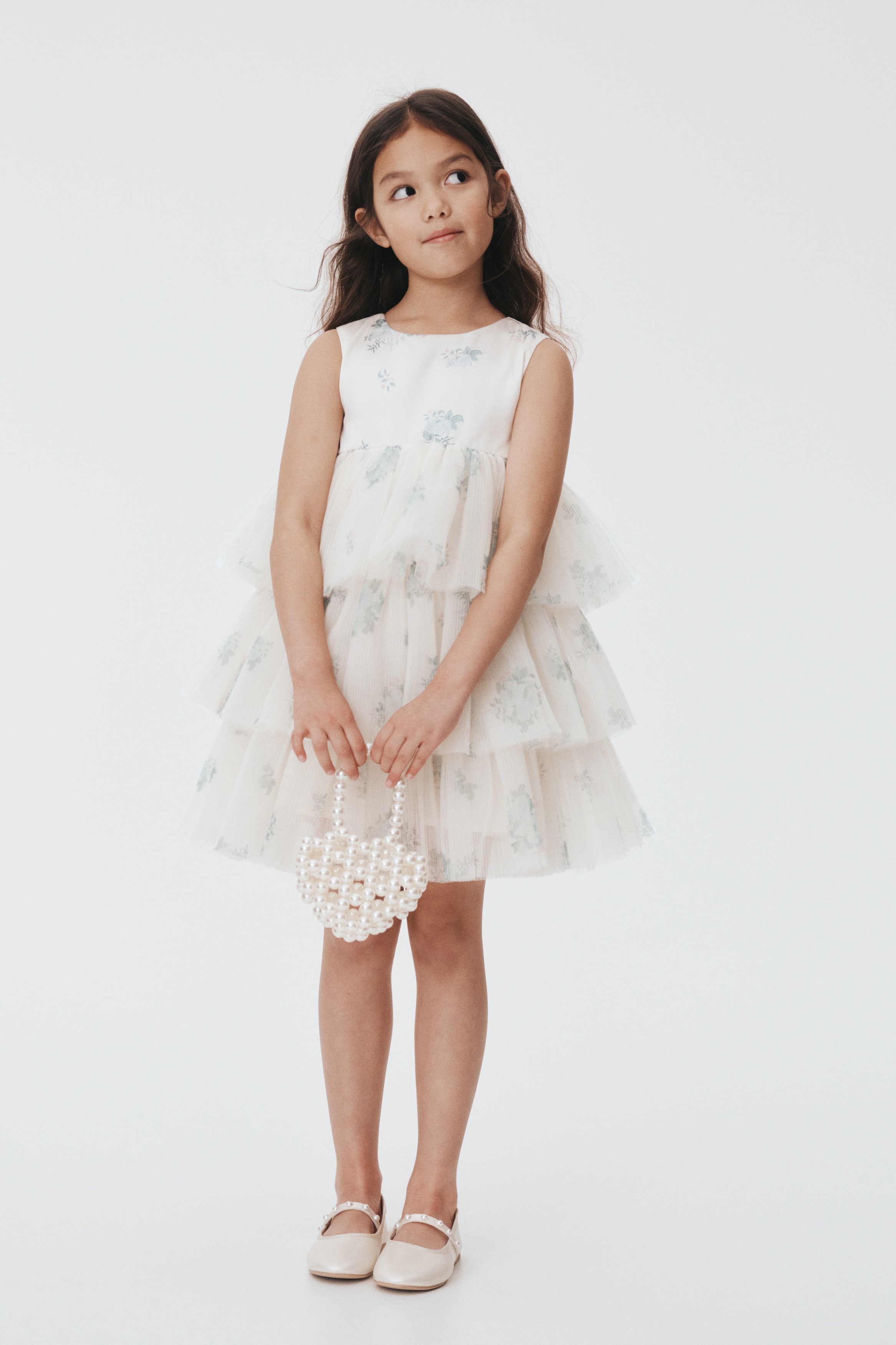 薄紗蛋糕裙洋裝 - 奶油色/花朵/薄荷綠/深粉紅色