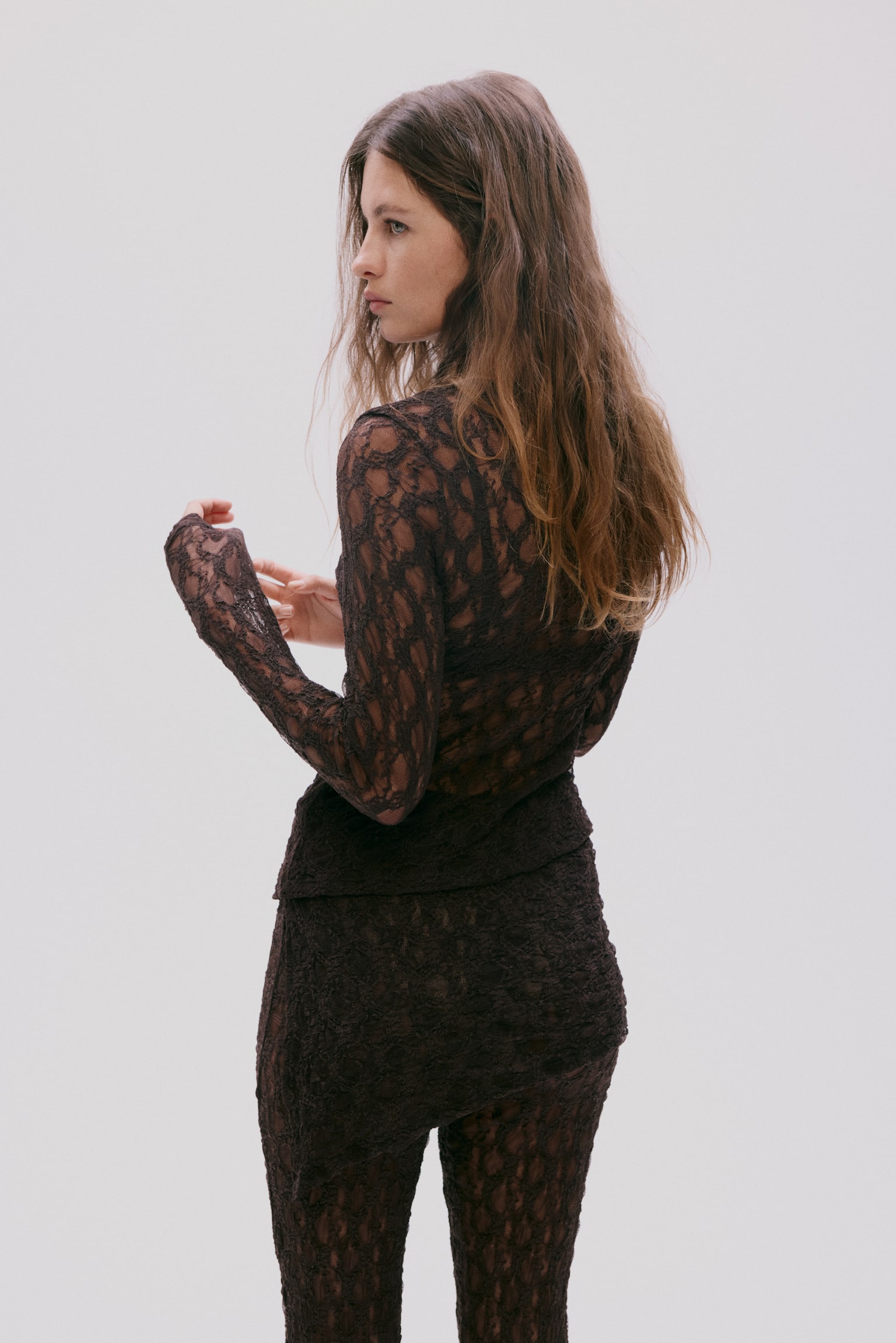 Asymmetric lace-look top - Dark brown - 5