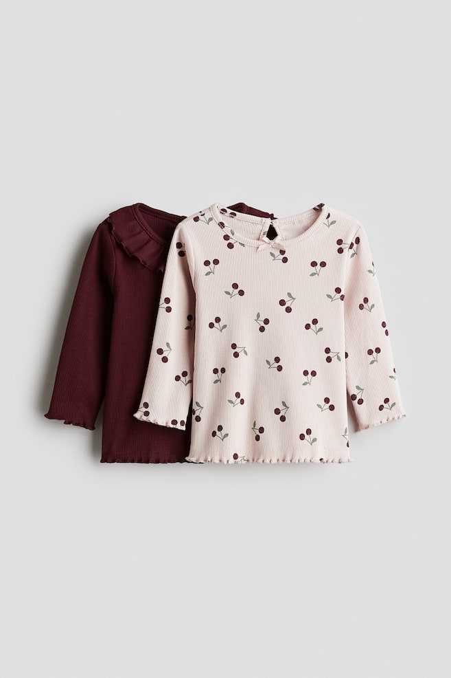 2-pack Ribbed Jersey Tops - Light pink/cherries/Cream/leopard print/Dark gray/hearts - 1