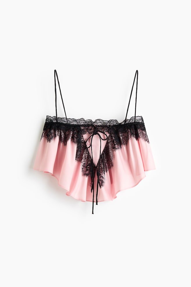 Lace-Trimmed Satin Crop Top - Light pink/black - 1