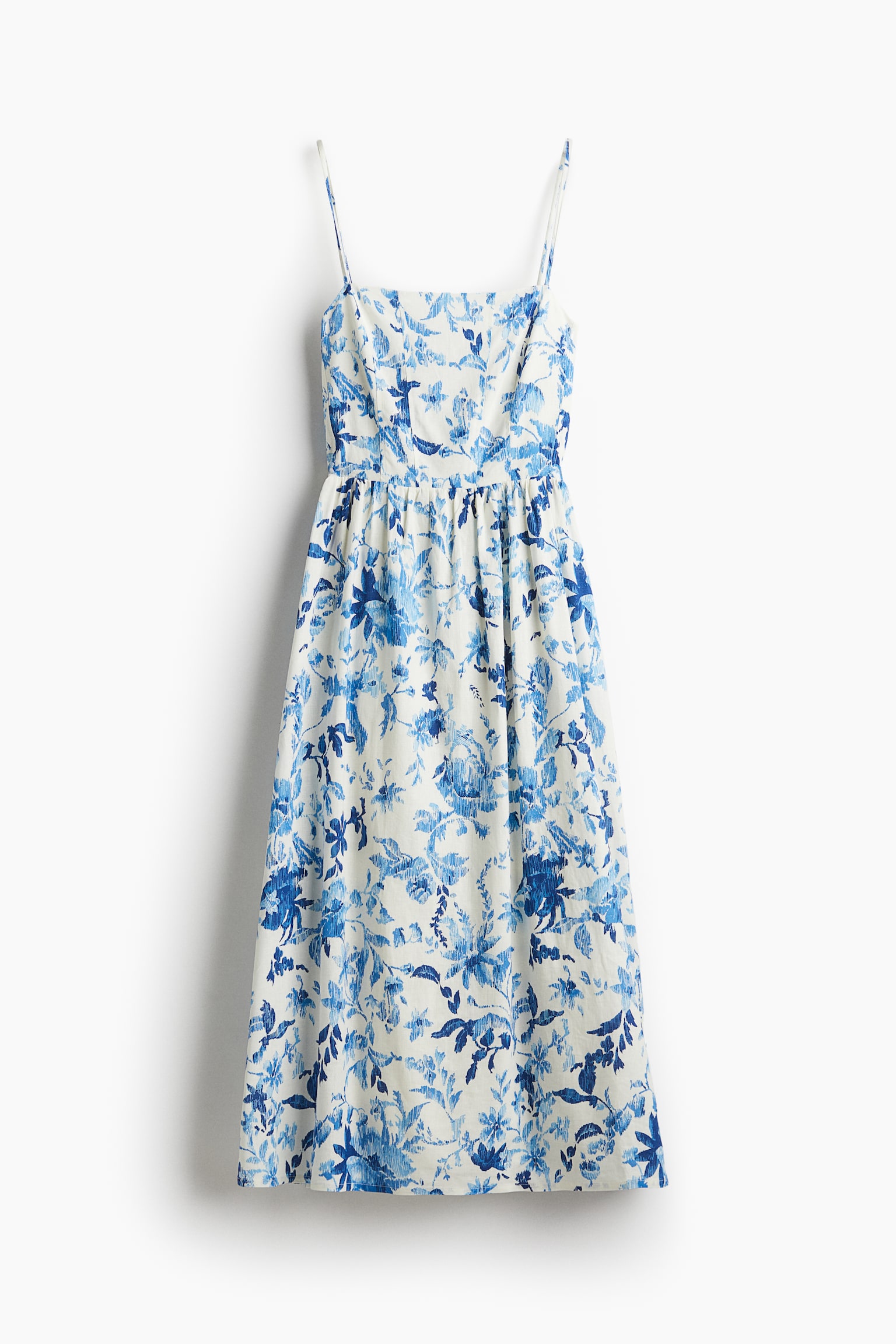 Linen Blend Midi Dress - White/Blue floral/Blue/Pattern - 2