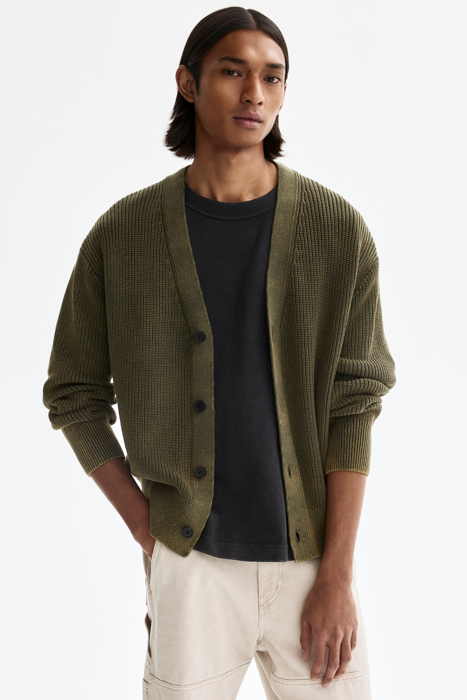 Relaxed Fit Rib-knit cotton cardigan - Dark khaki green/Light blue - 5