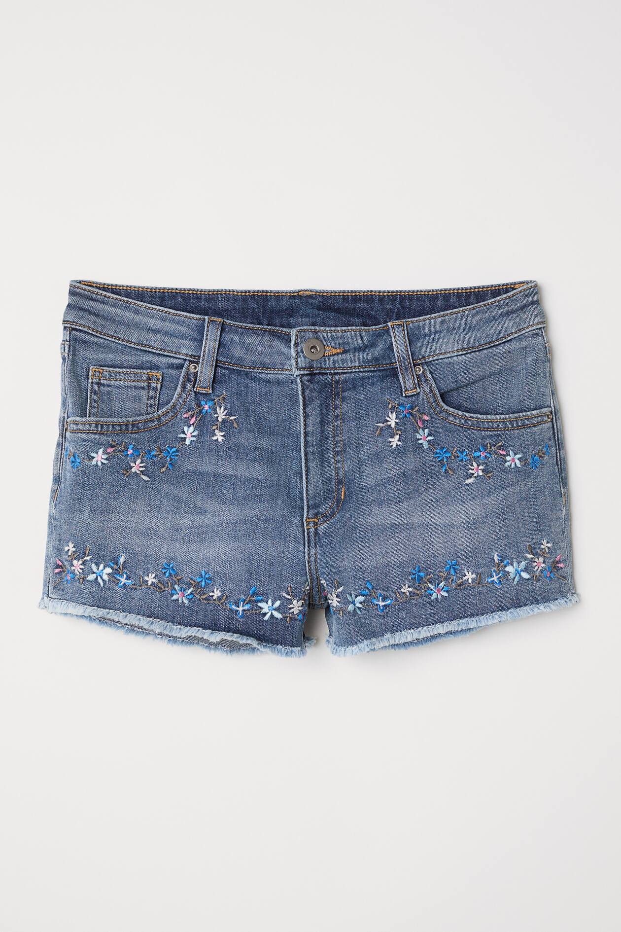 Embroidered Denim Shorts - Regular waist - Short - Denim blue/flowers ...