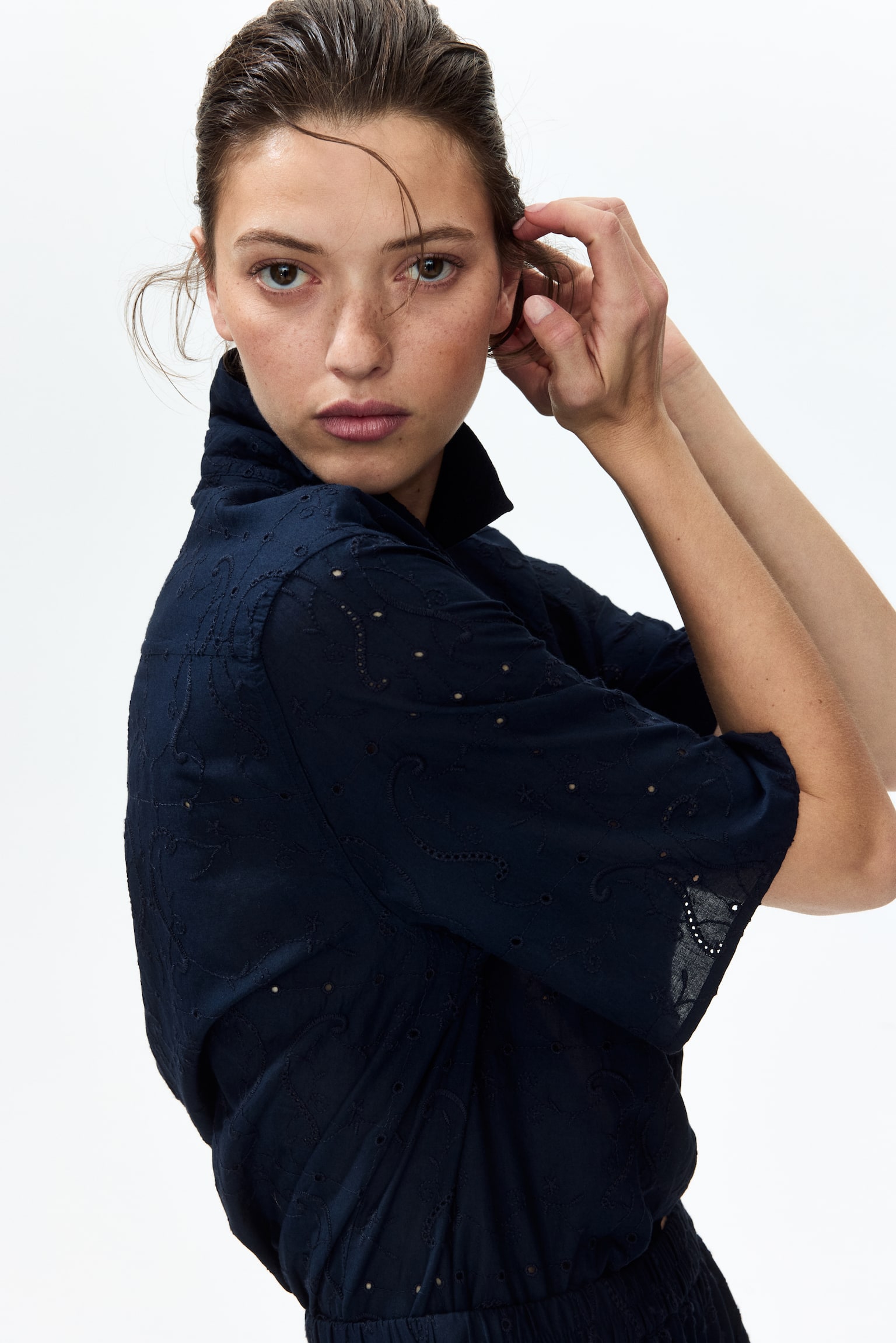 Oversized broderie anglaise shirt-Dark blue - 5