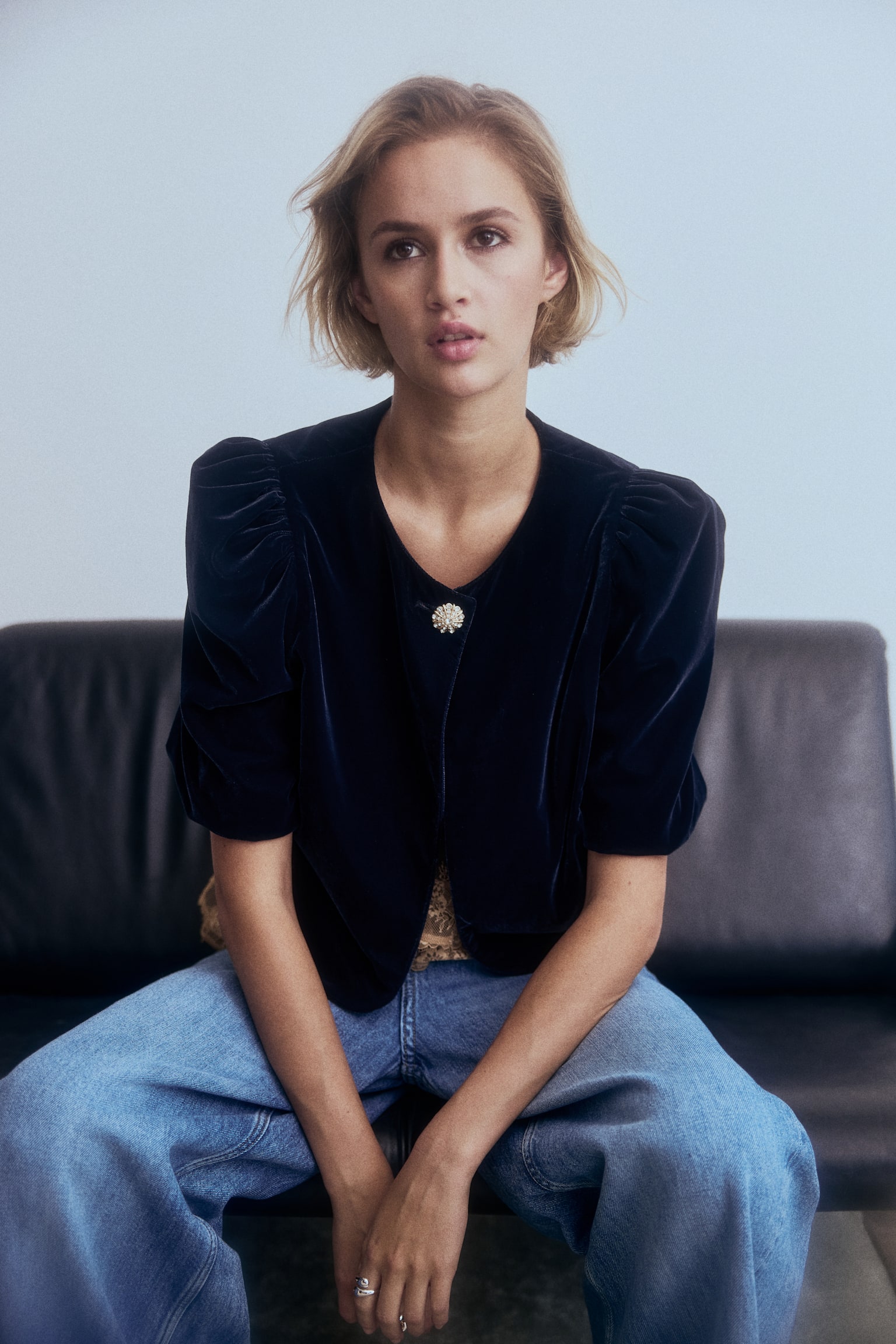 Puff-sleeved top - Navy blue/Black - 1