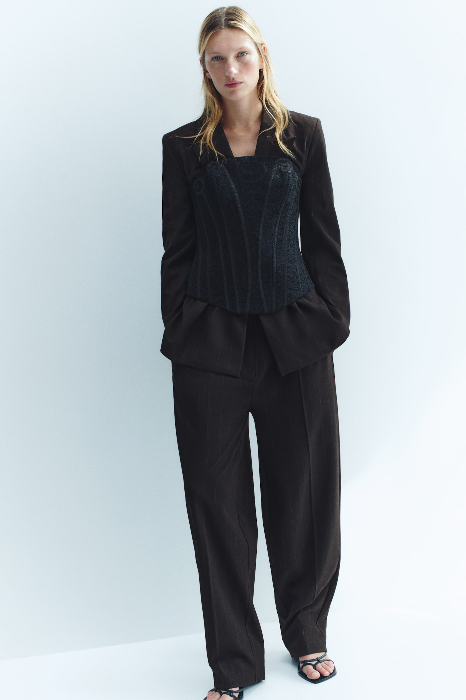 Tailored twill trousers - Dark brown/Pinstriped/Dark brown/Dogtooth pattern - 1
