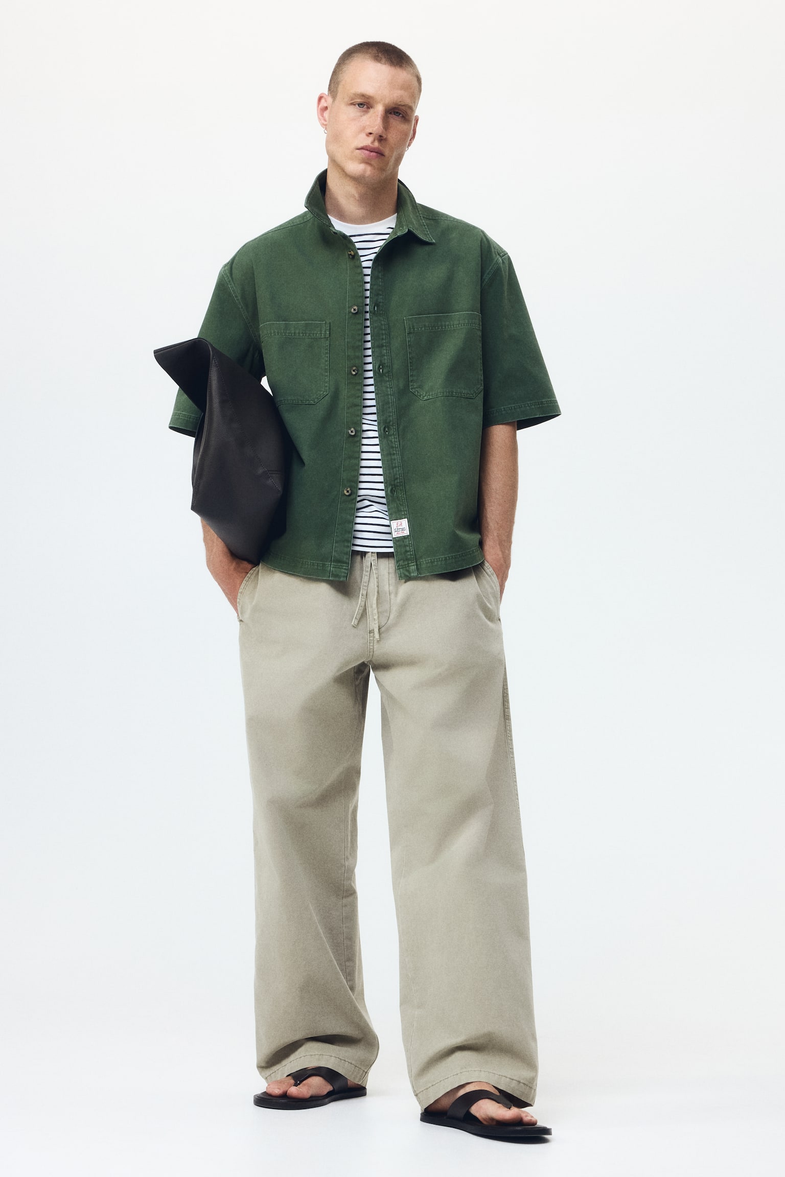 Loose Fit Cotton canvas trousers - Light khaki green/Cream/Black - 1