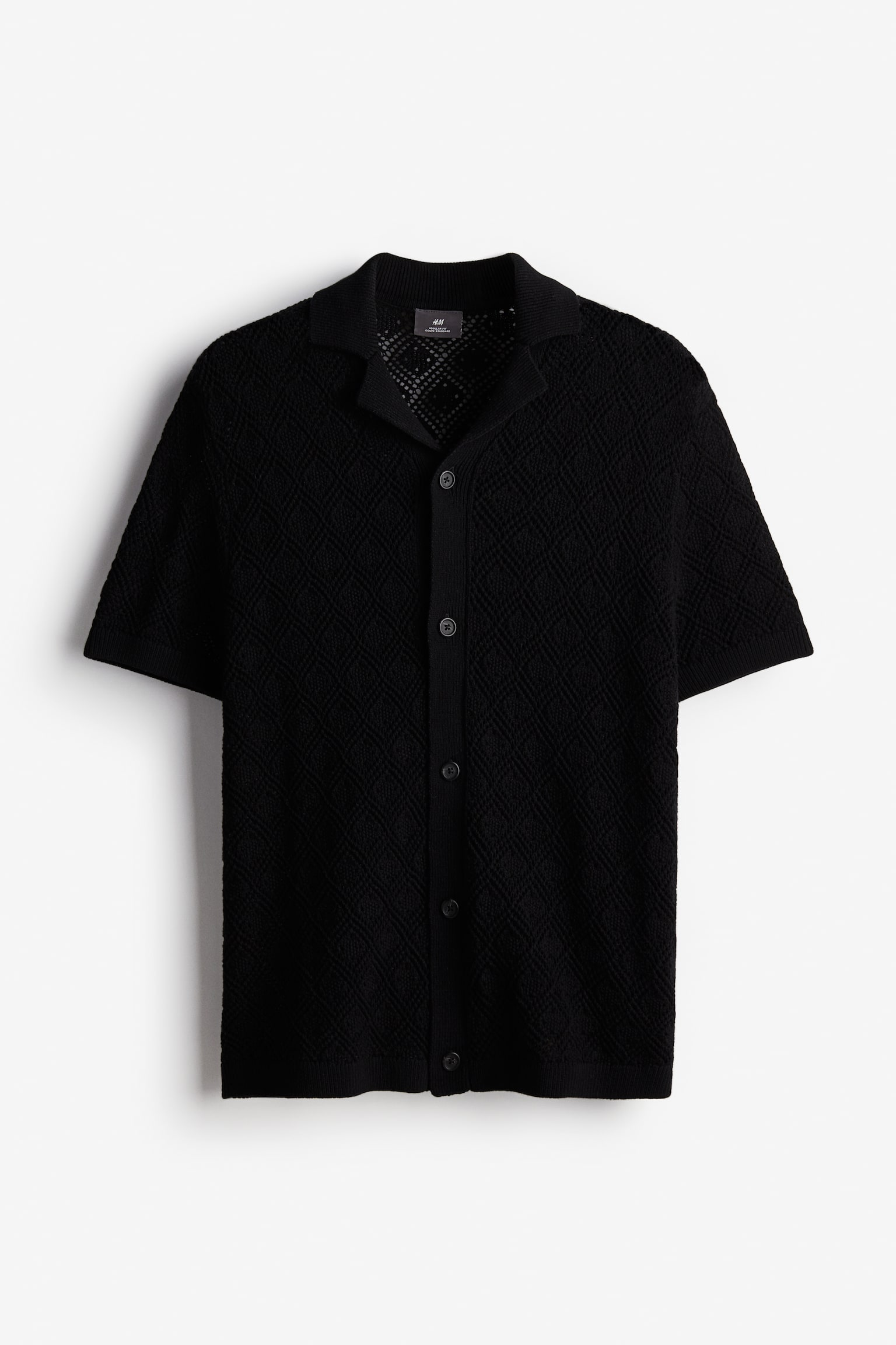 Regular Fit Crochet Look Resort Shirt - Black/White - 2