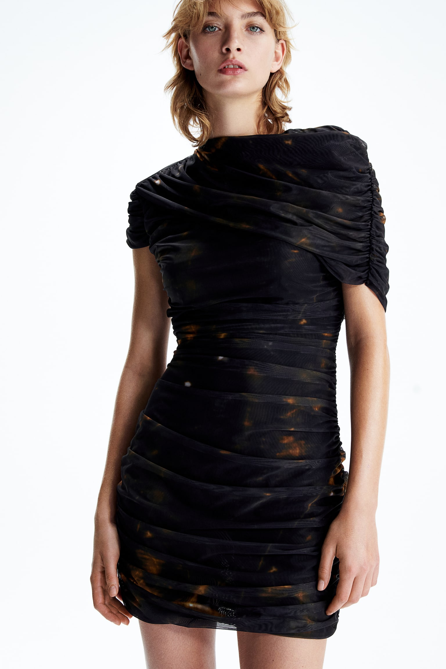 Draped Mesh Dress - Black/Pattern - 3