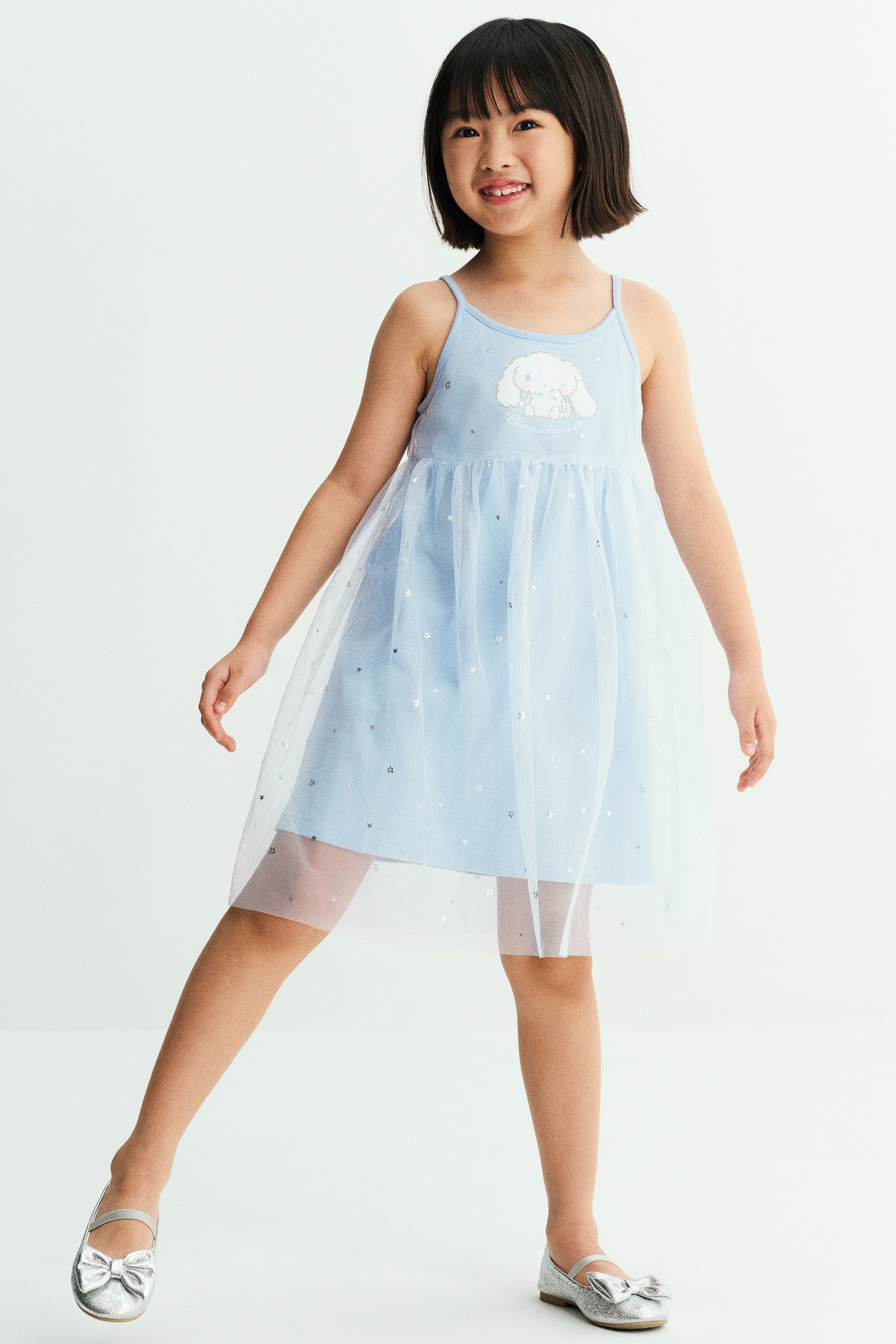 Print-motif tulle-skirt dress - Light blue/Cinnamoroll/White/Hello Kitty
