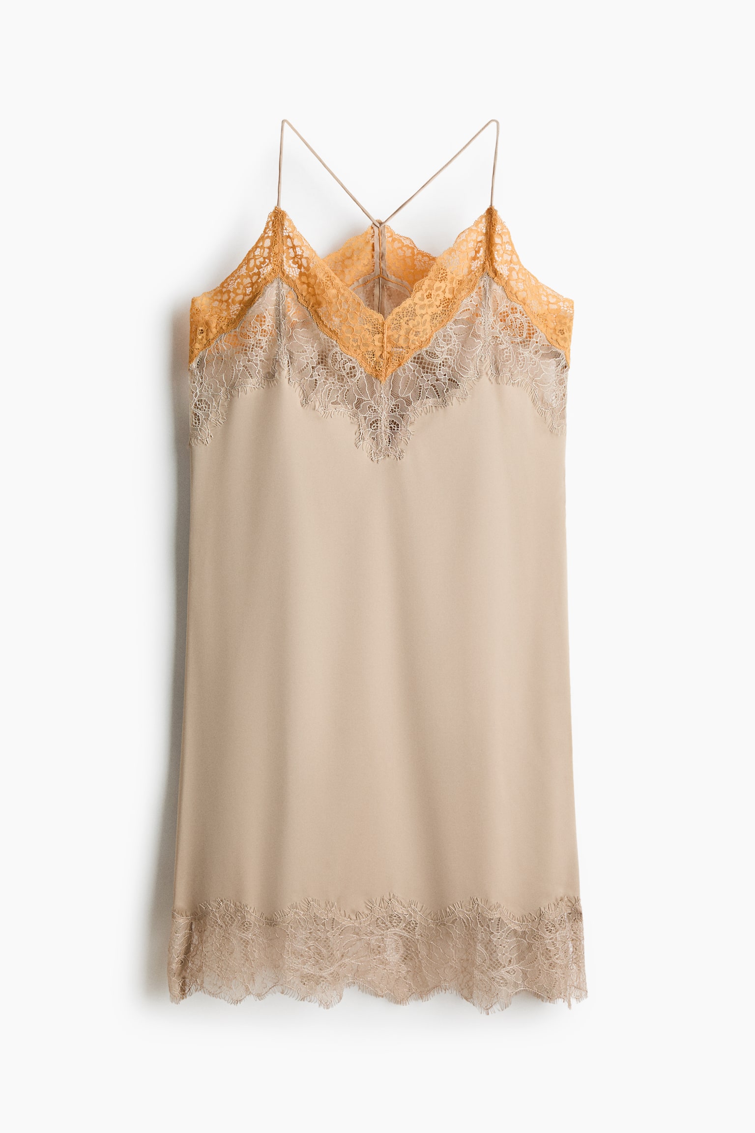 Lace-trimmed satin dress - Beige/Orange/Black - 2