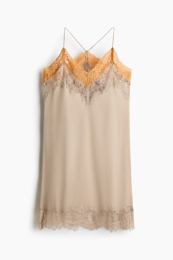 Lace-trimmed satin dress - Beige/Orange/Black - 1