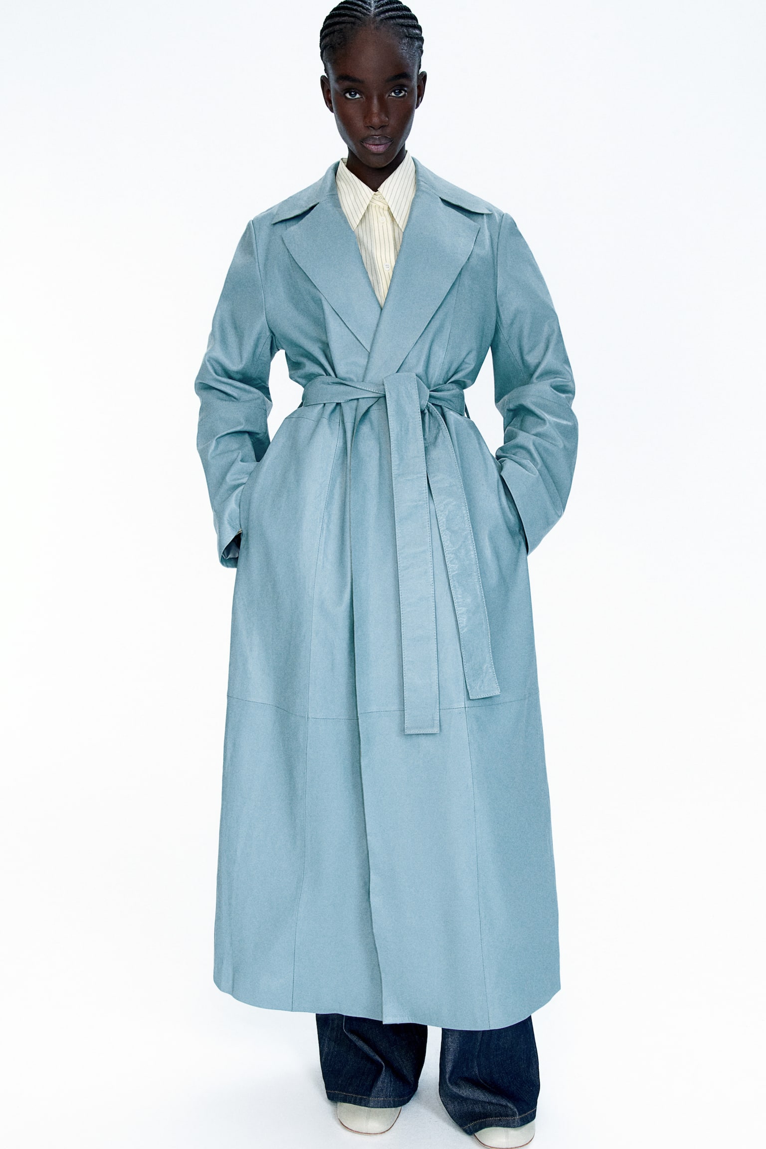 Leather Tie Belt Coat - Blue - 1