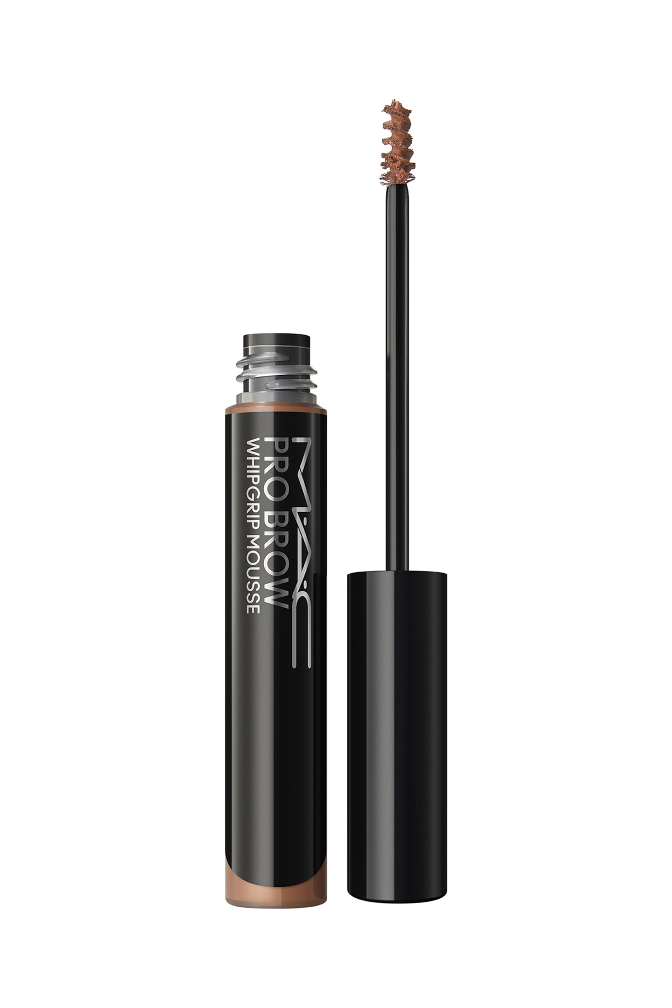 Visa större bild: MAC Pro Brow Whipgrip Mousse står upprätt och visar en öppen svart tub bredvid sin avskruvade applikatorstav. Tuben har vertikal silverfärgad branding med en transparent bas som visar den ljusbruna nyansen, medan staven håller en liten spoolie-borste täckt med den matchande moussen.