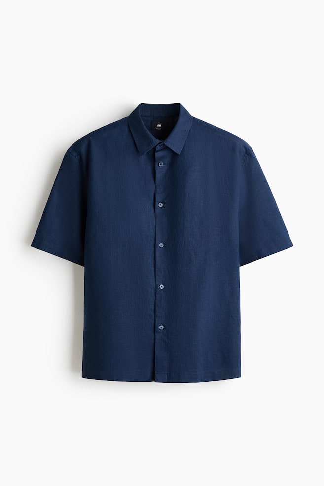 Relaxed Fit Short-sleeved linen-blend shirt - Dark blue/Light beige/Blue/Striped - 1