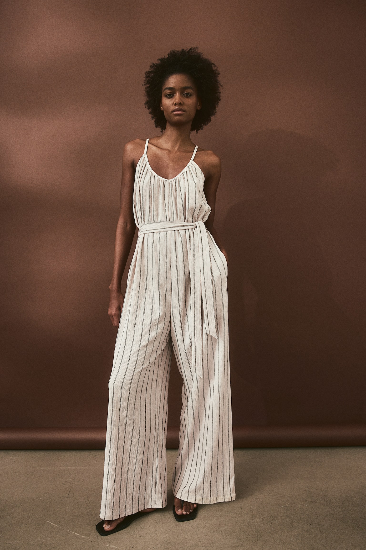 Tie Belt Jersey Jumpsuit - Light beige/Stripe/Rust brown/Black/Light beige/Black pattern - 5