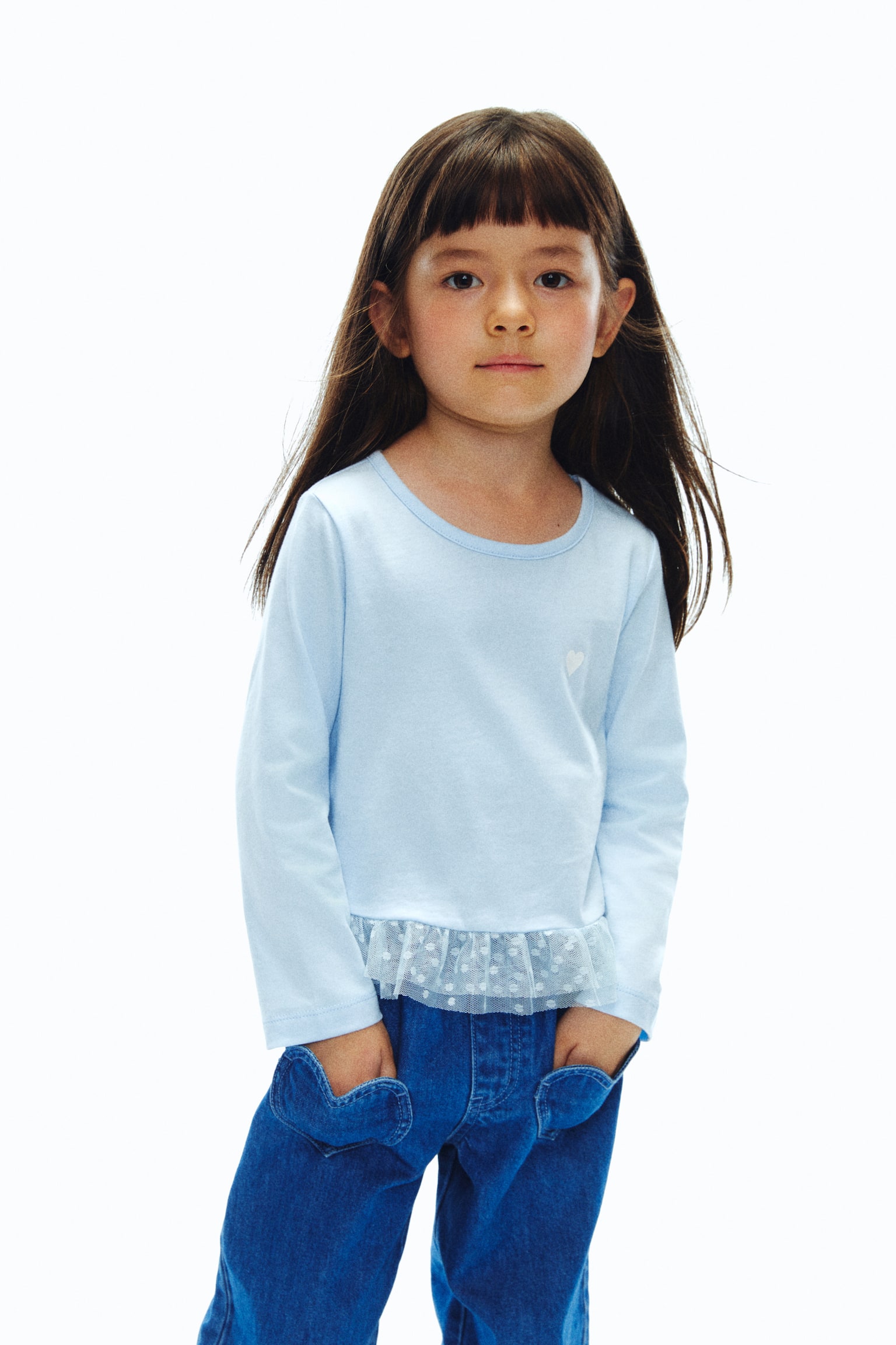 튤 프릴 코튼 탑 - 라이트 블루/하트/화이트/블랙 스트라이프/화이트/하트 - 5